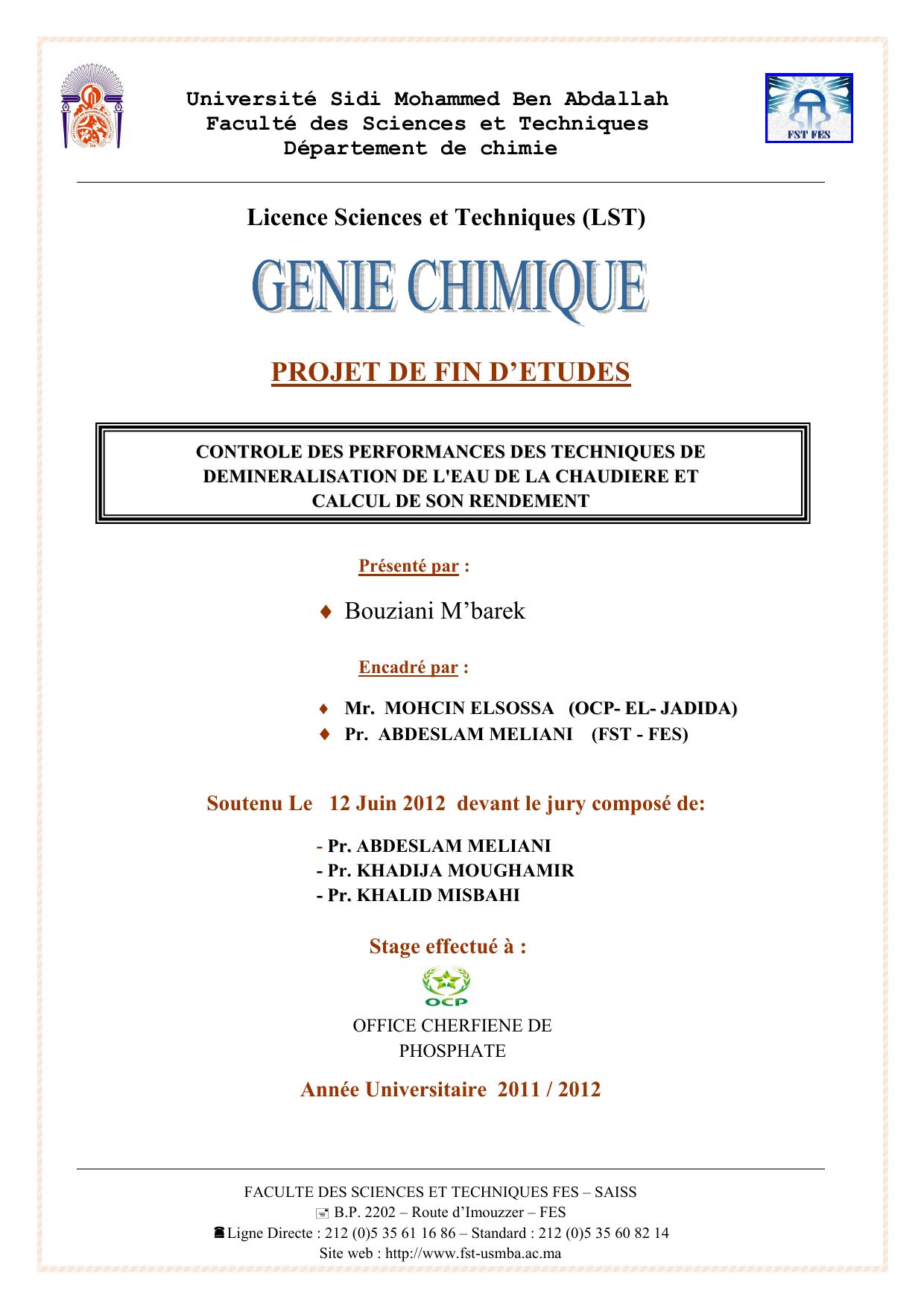 CONTROLE DES PERFORMANCES DES TECHNIQUES DE DEMINERALISATION DE L'EAU DE LA CHAUDIERE ET CALCUL DE SON RENDEMENT