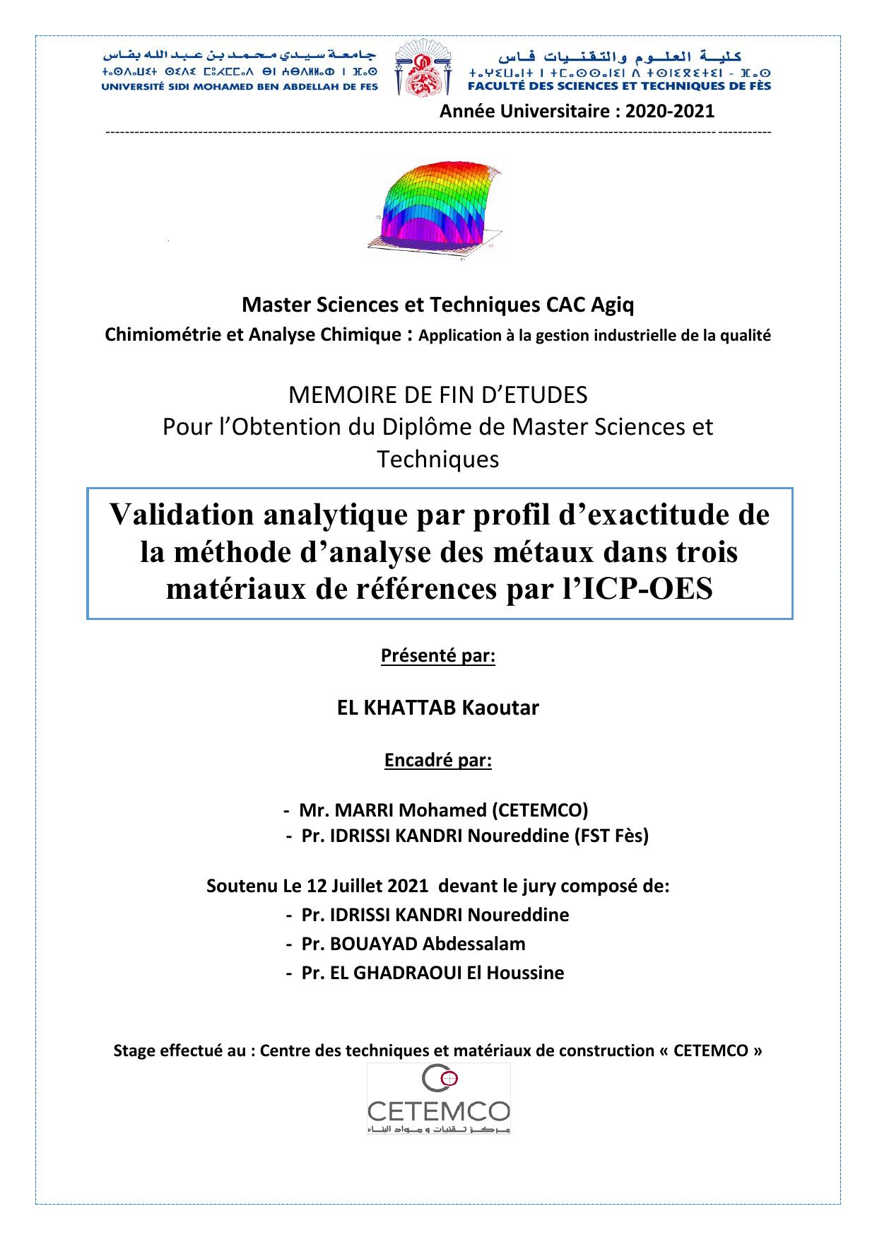 Validation analytique par profil d’exactitude de la méthode d’analyse des métaux dans trois matériaux de références par l’ICP-OES