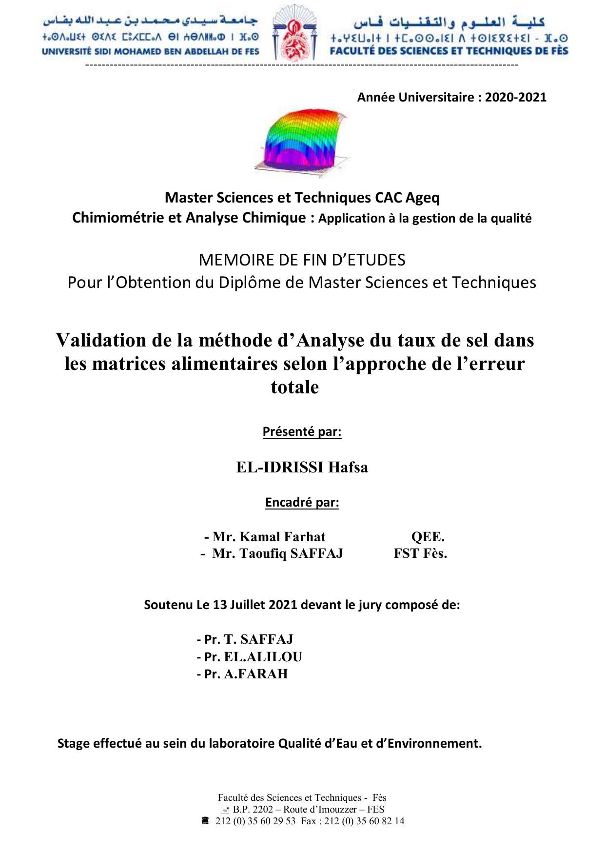 Validation de la méthode d’Analyse du taux de sel dans les matrices alimentaires selon l’approche de l’erreur totale