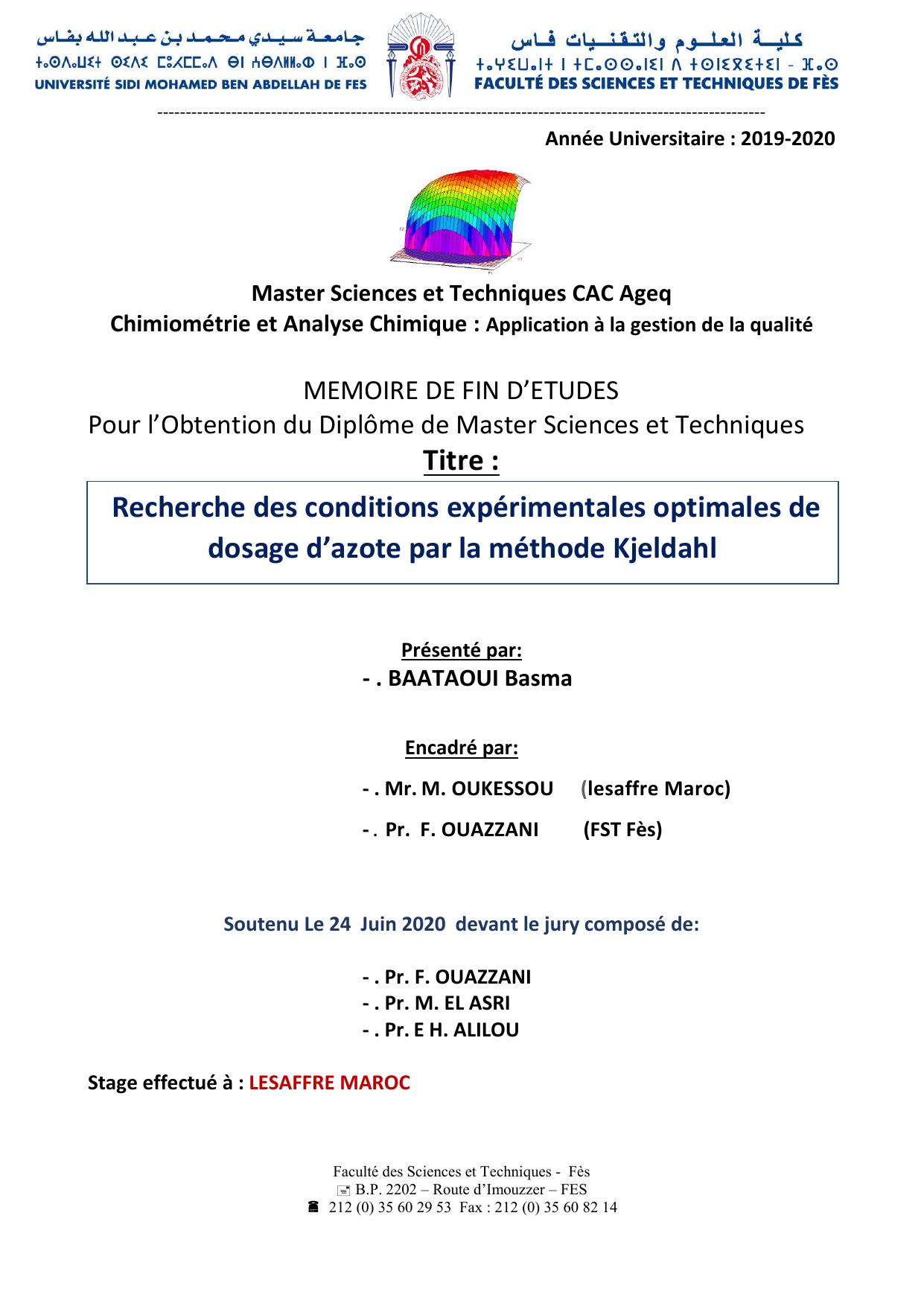 Recherche des conditions expérimentales optimales de dosage d’azote par la méthode Kjeldahl