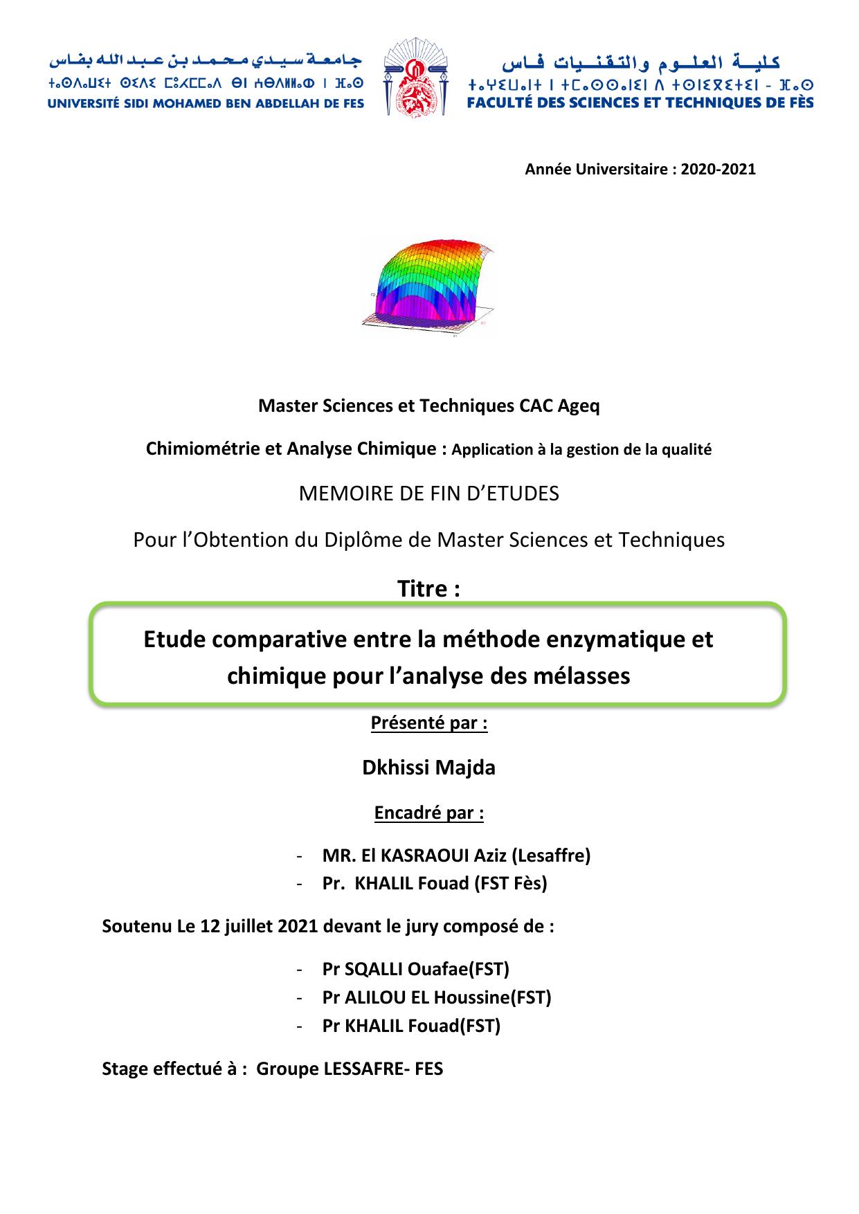 Etude comparative entre la méthode enzymatique et chimique pour l’analyse des mélasses