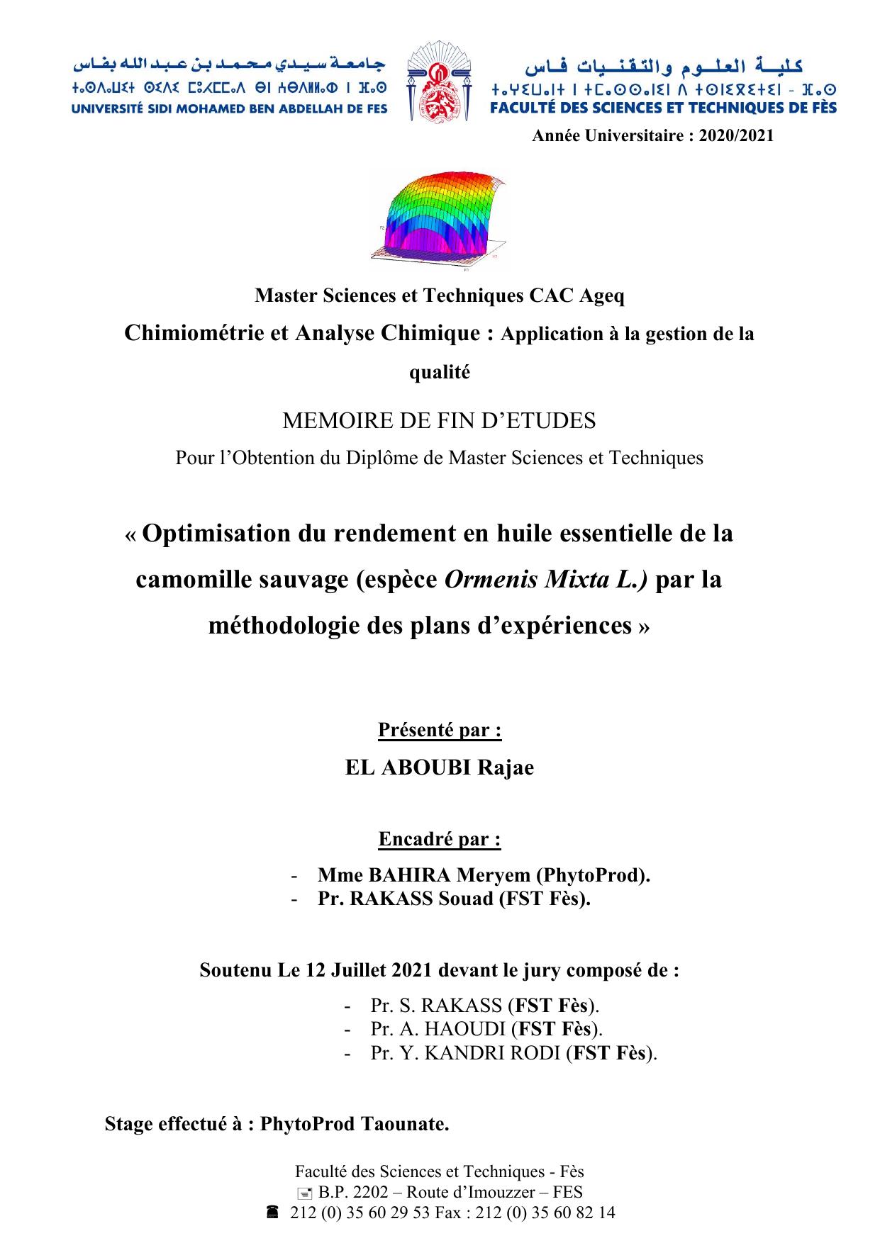 Optimisation du rendement en huile essentielle de la camomille sauvage (espèce Ormenis Mixta L.) par la méthodologie des plans d’expériences