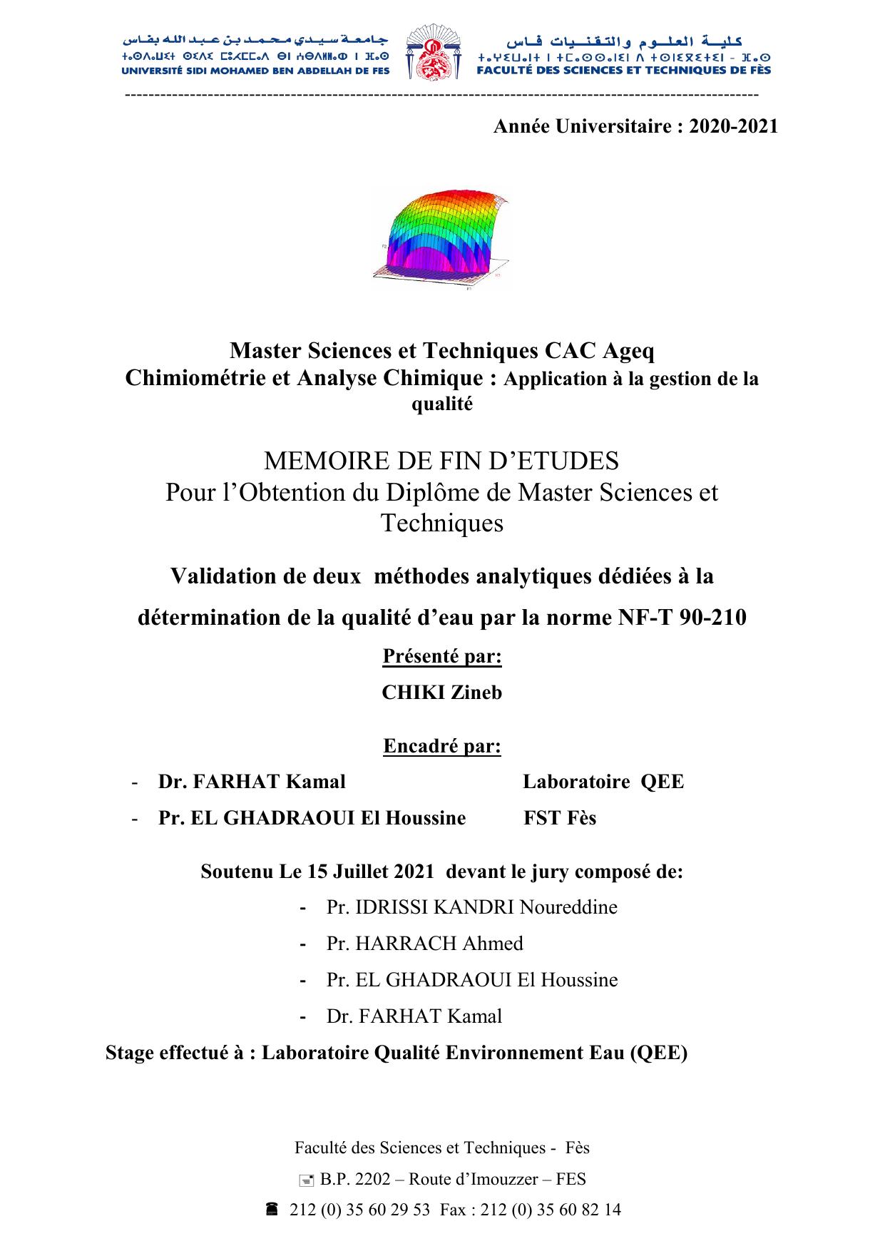 Validation de deux méthodes analytiques dédiées à la détermination de la qualité d’eau par la norme NF-T 90-210