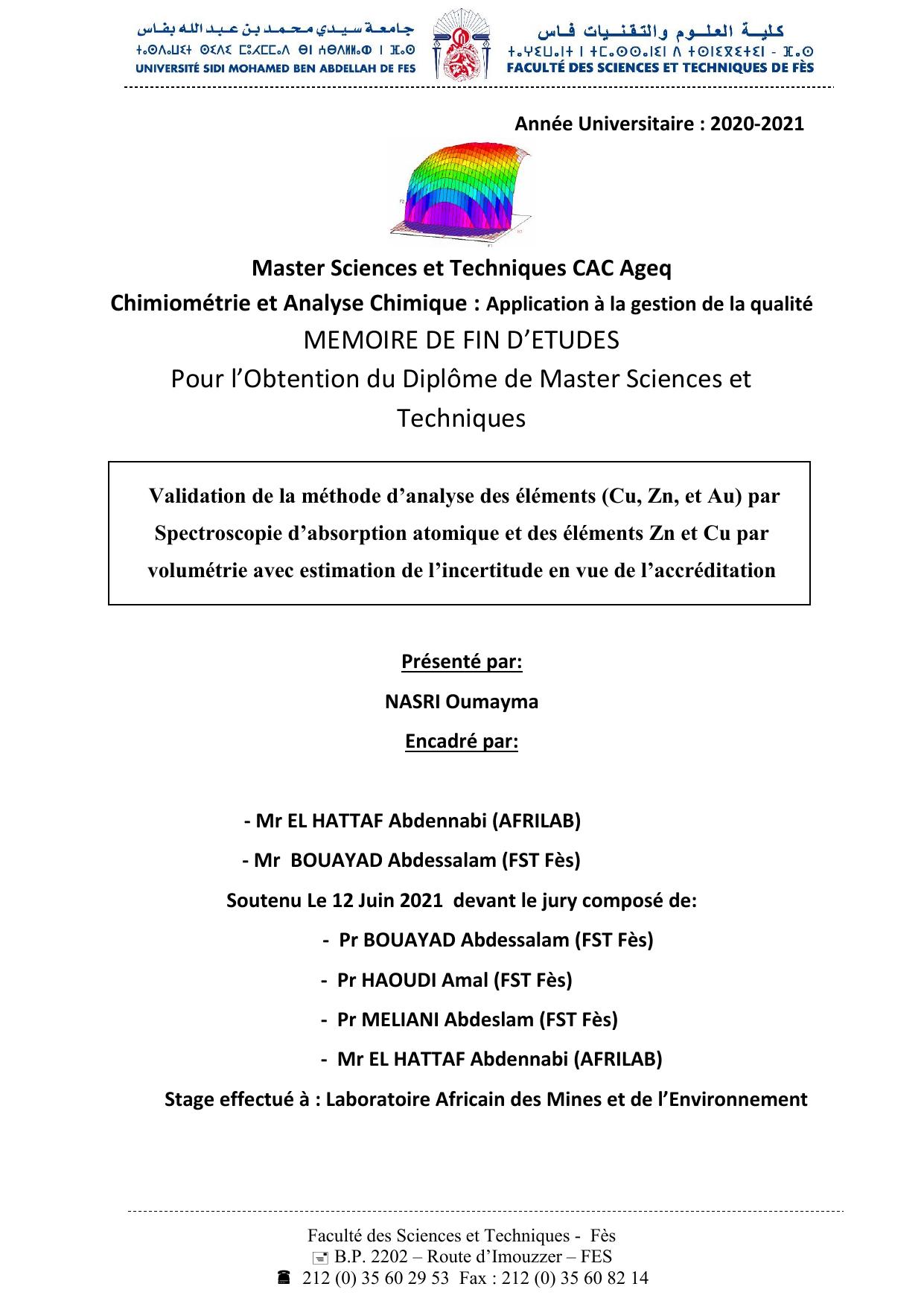 Validation de la méthode d’analyse des éléments (Cu, Zn, et Au) par Spectroscopie d’absorption atomique et des éléments Zn et Cu par volumétrie avec estimation de l’incertitude en vue de l’accréditation