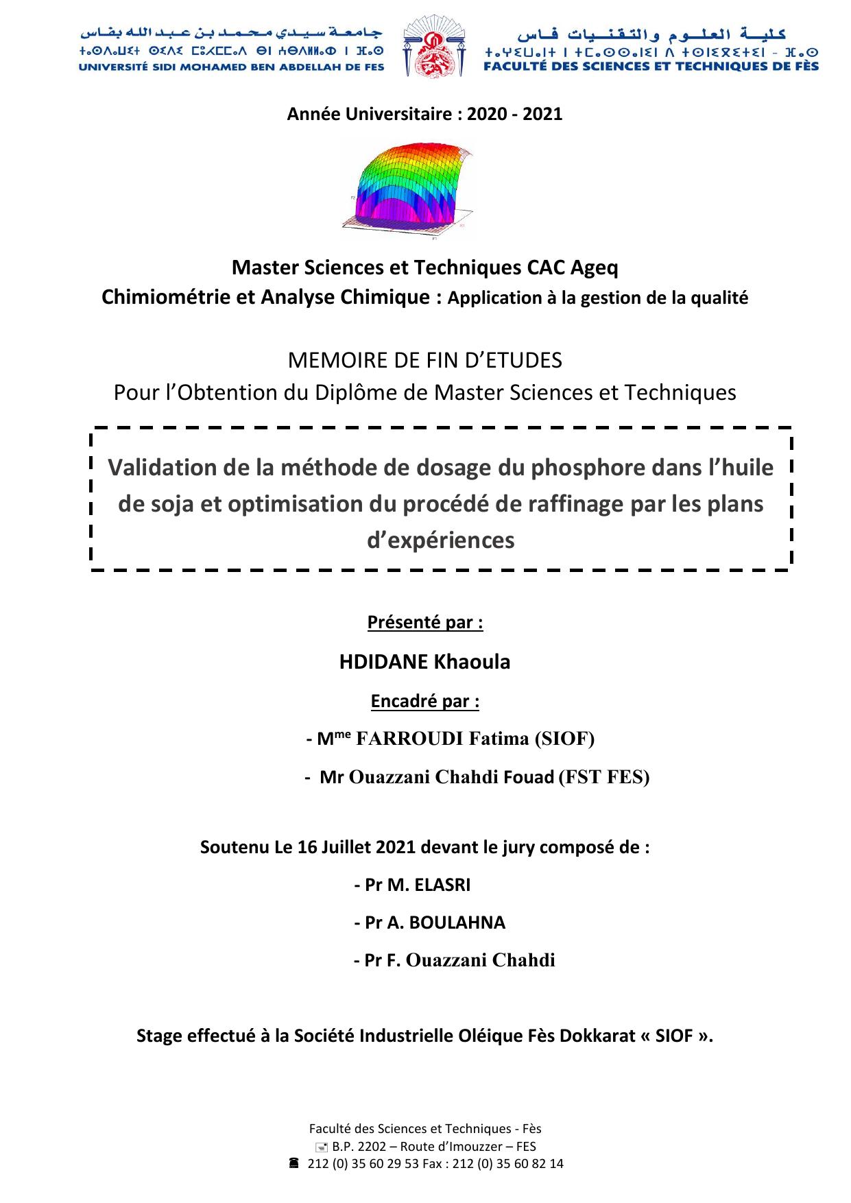 Validation de la méthode de dosage du phosphore dans l’huile de soja et optimisation du procédé de raffinage par les plans d’expériences