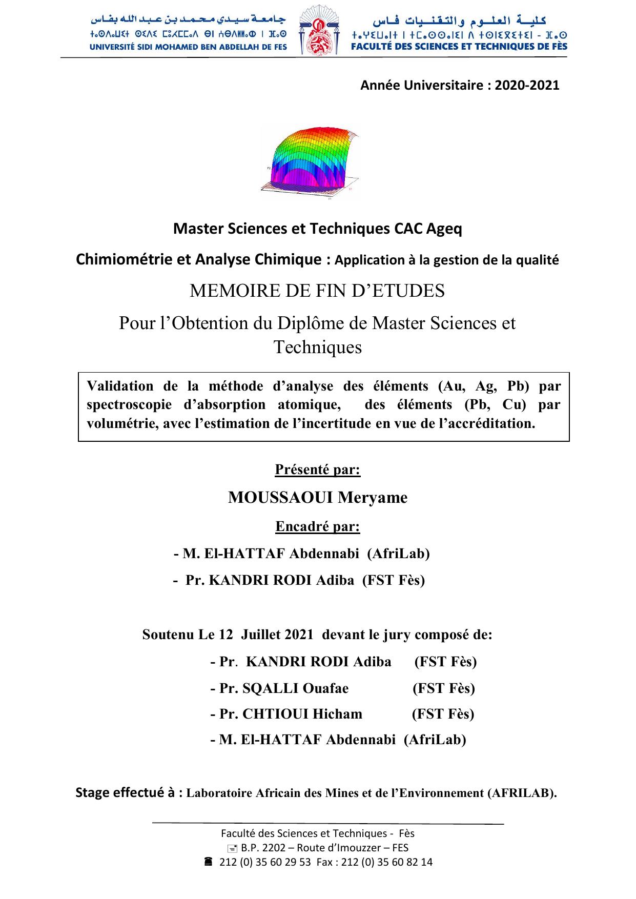 Validation de la méthode d’analyse des éléments (Au, Ag, Pb) par spectroscopie d’absorption atomique, des éléments (Pb, Cu) par volumétrie, avec l’estimation de l’incertitude en vue de l’accréditation.