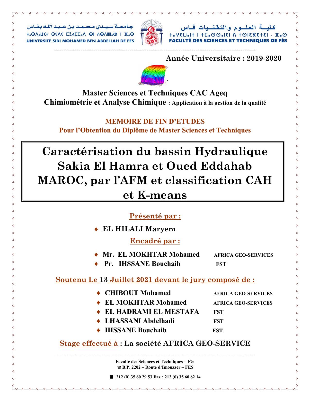 Caractérisation du bassin Hydraulique Sakia El Hamra et Oued Eddahab MAROC, par l’AFM et classification CAH et K-means