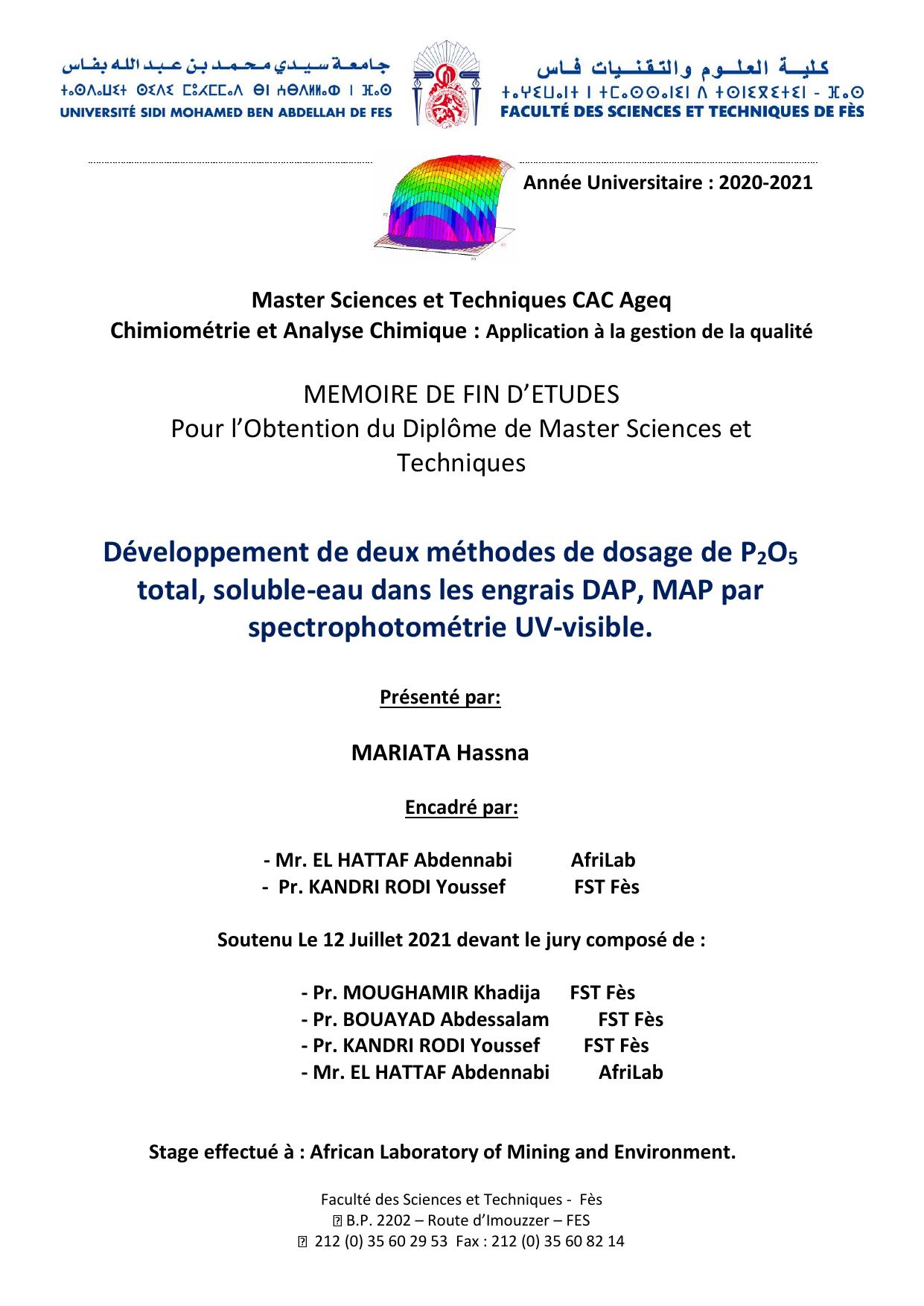 Développement de deux méthodes de dosage de P2O5 total, soluble-eau dans les engrais DAP, MAP par spectrophotométrie UV-visible