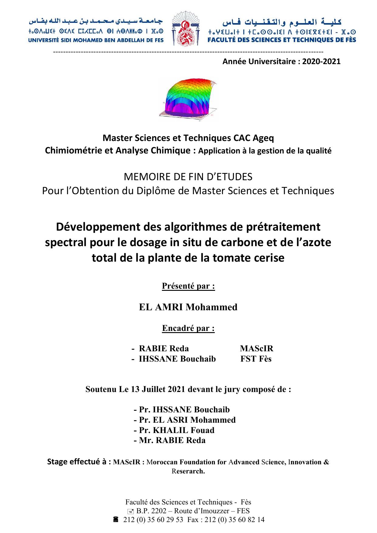 Développement des algorithmes de prétraitement spectral pour le dosage in situ de carbone et de l’azote total de la plante de la tomate cerise