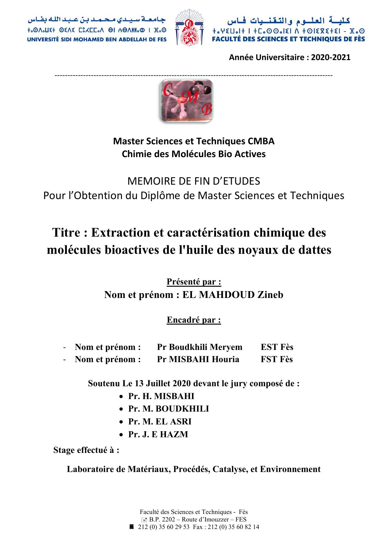 Extraction et caractérisation chimique des molécules bioactives de l'huile des noyaux de dattes