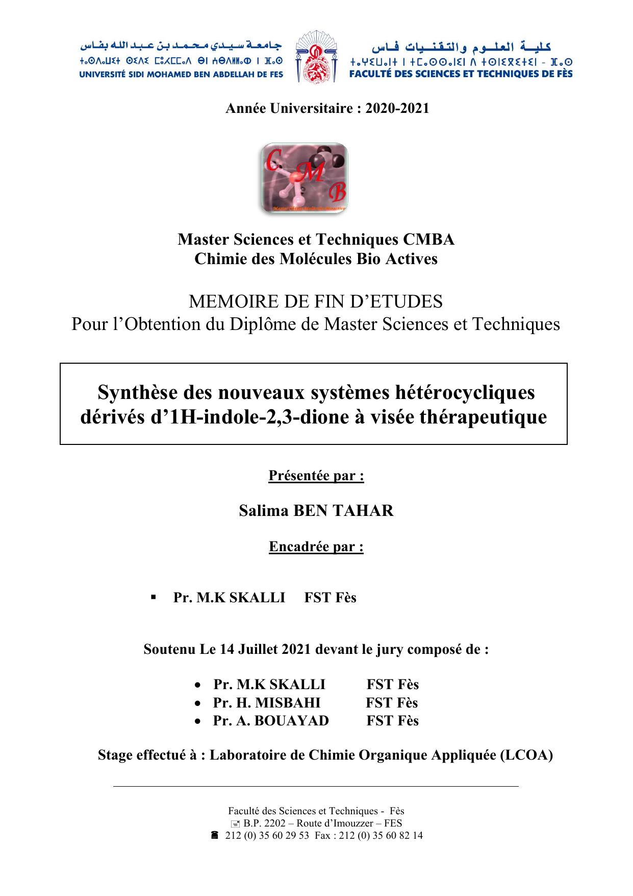 Synthèse des nouveaux systèmes hétérocycliques dérivés d’1H-indole-2,3-dione à visée thérapeutique)