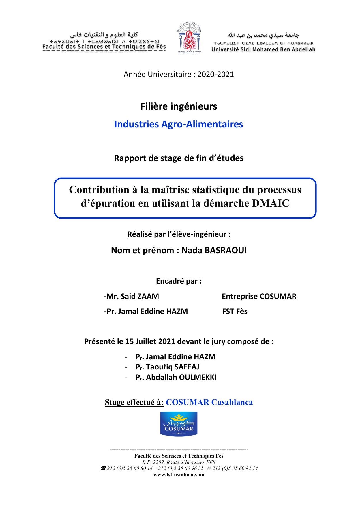 Contribution à la maîtrise statistique du processus d’épuration en utilisant la démarche DMAIC