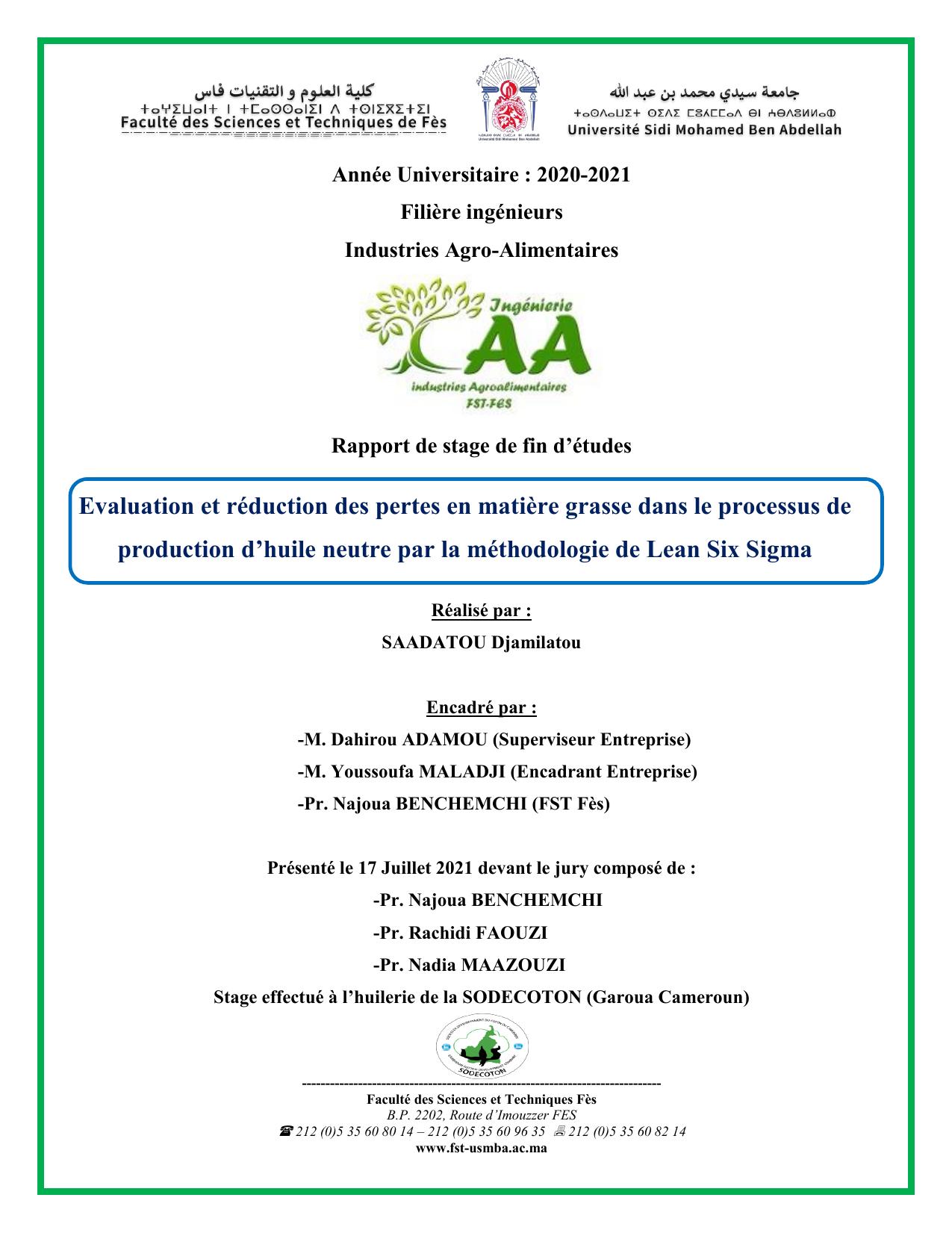 Evaluation et réduction des pertes en matière grasse dans le processus de production d’huile neutre par la méthodologie de Lean Six Sigma