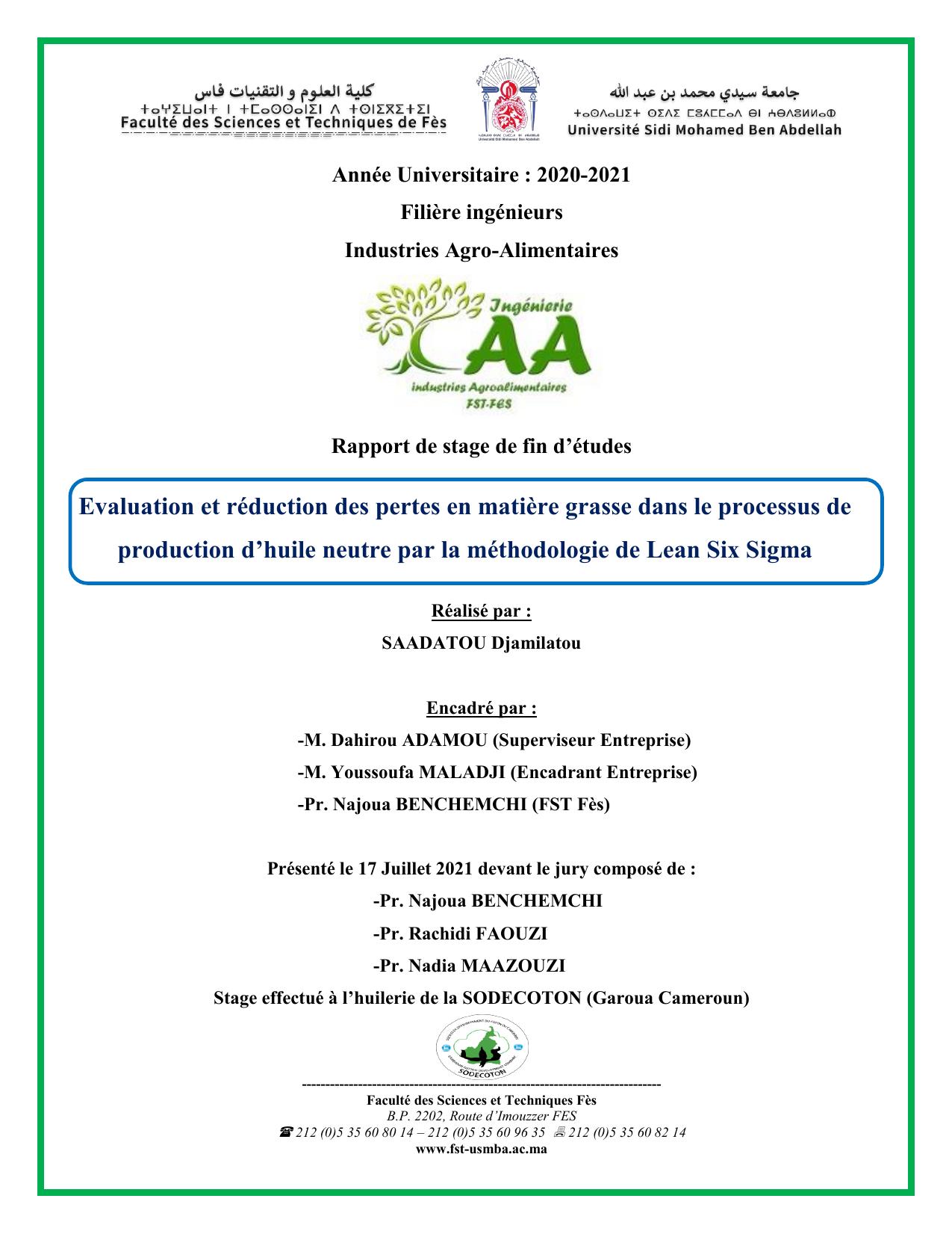 Evaluation et réduction des pertes en matière grasse dans le processus de production d’huile neutre par la méthodologie de Lean Six Sigma