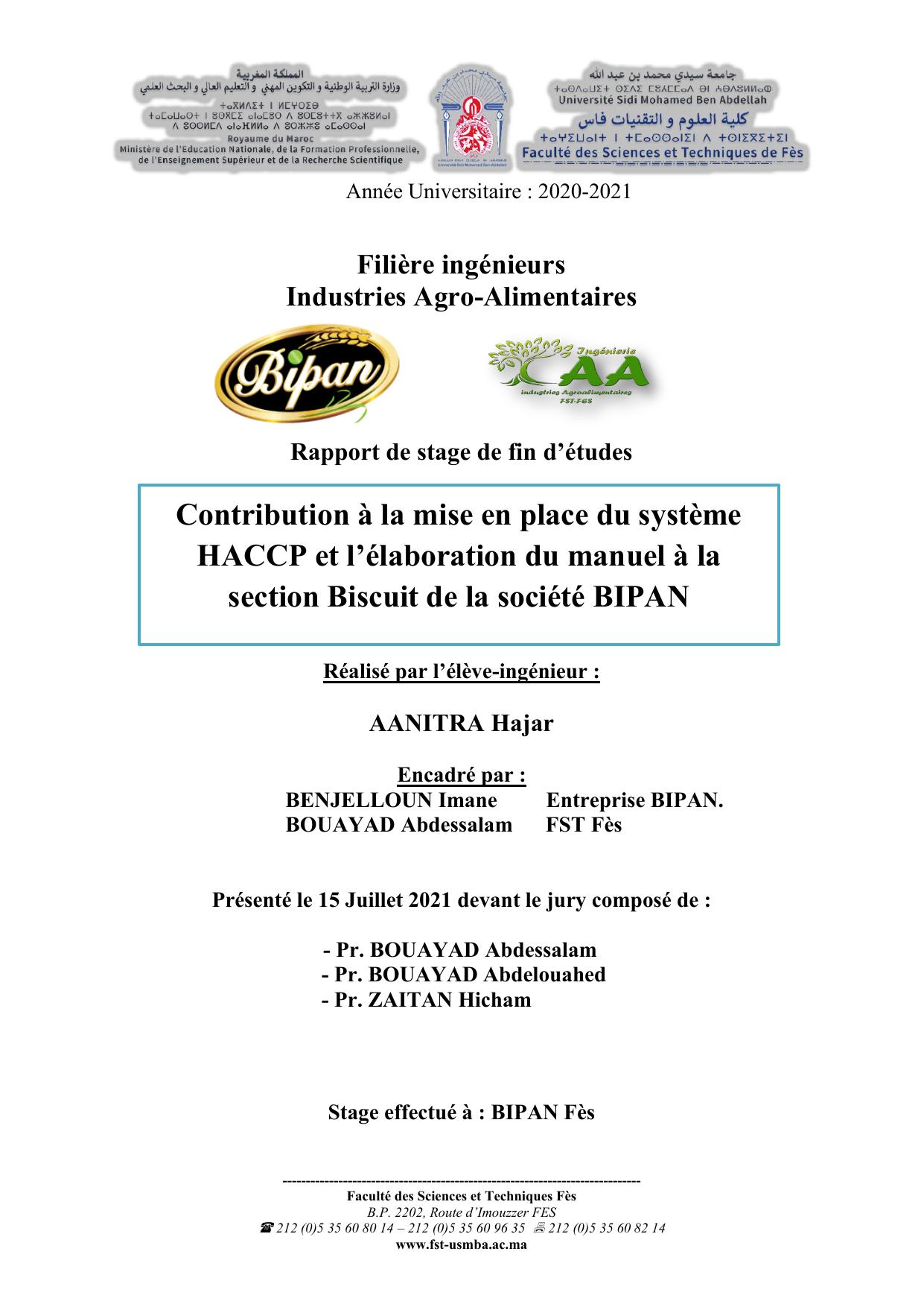 Contribution à la mise en place du système HACCP et l’élaboration du manuel à la section Biscuit de la société BIPAN