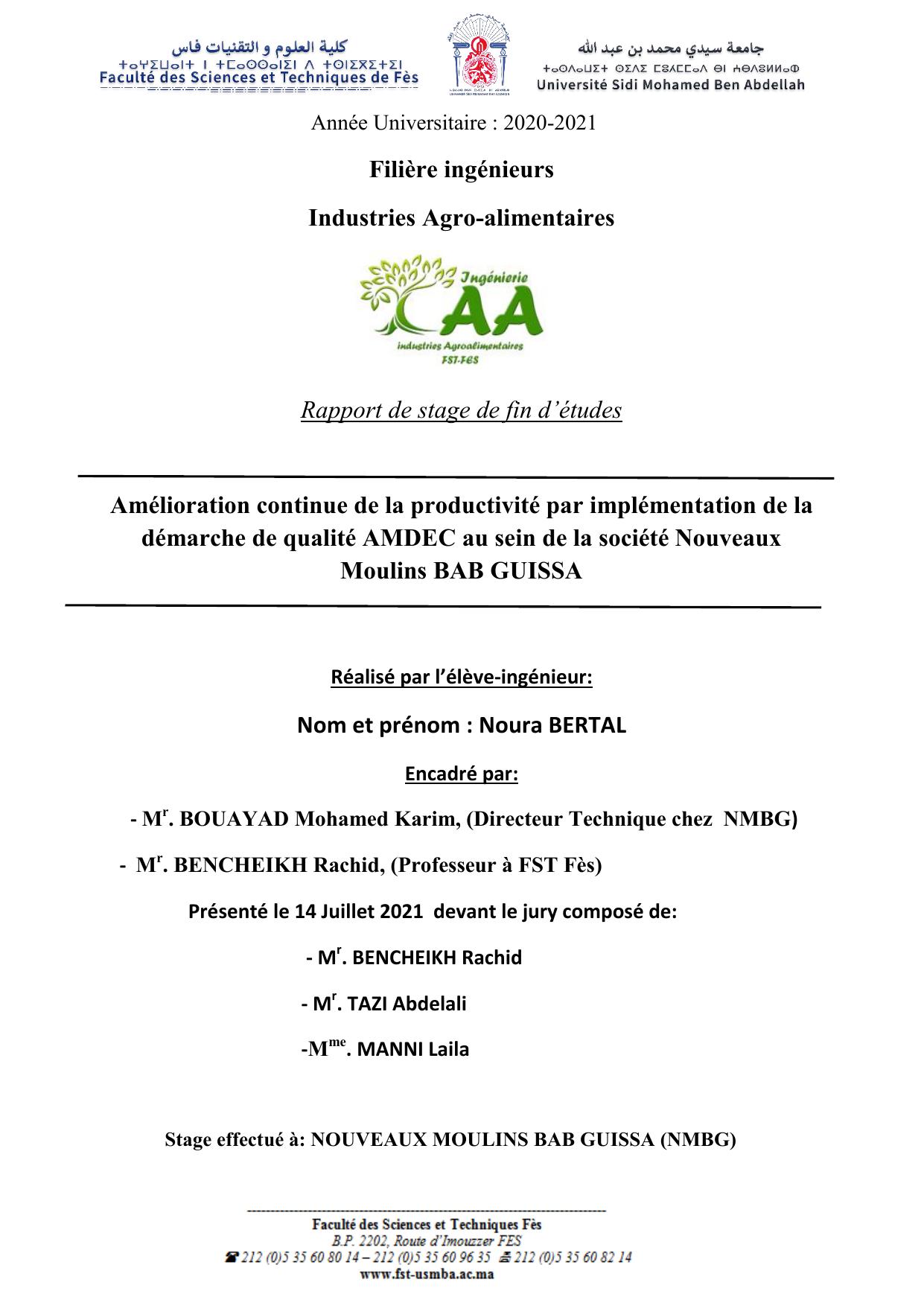 Amélioration continue de la productivité par implémentation de la démarche de qualité AMDEC au sein de la société Nouveaux Moulins BAB GUISSA