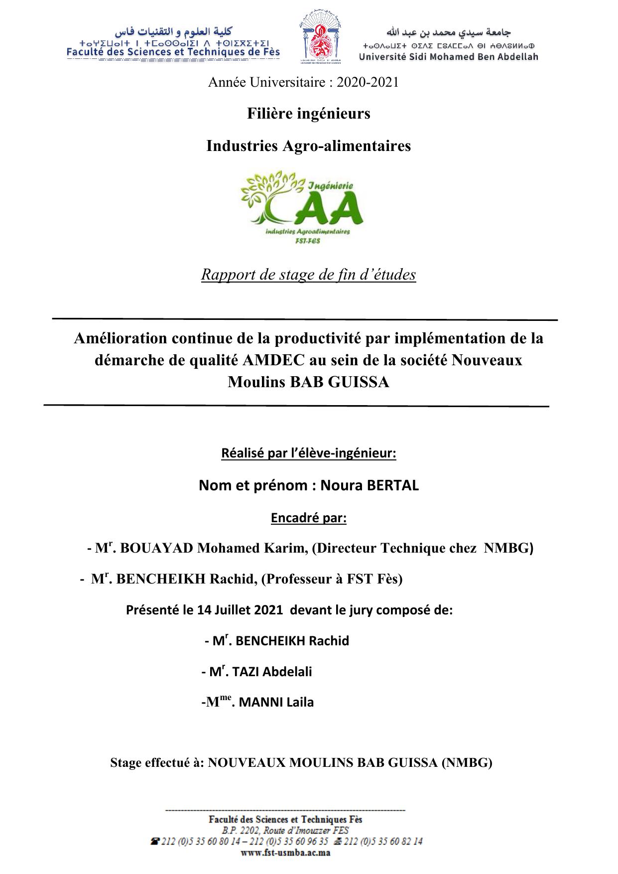 Amélioration continue de la productivité par implémentation de la démarche de qualité AMDEC au sein de la société Nouveaux Moulins BAB GUISSA