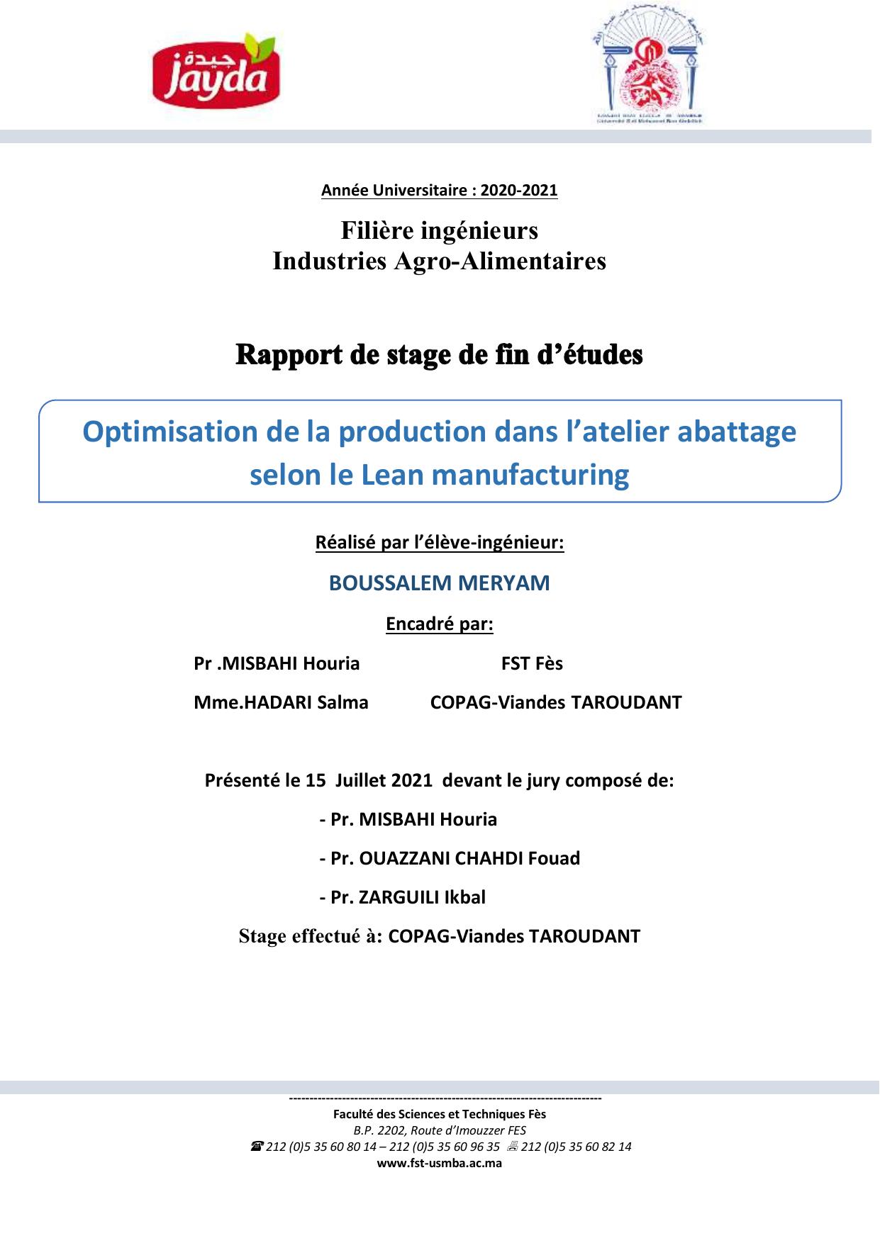 Optimisation de la production dans l’atelier abattage selon le Lean manufacturing