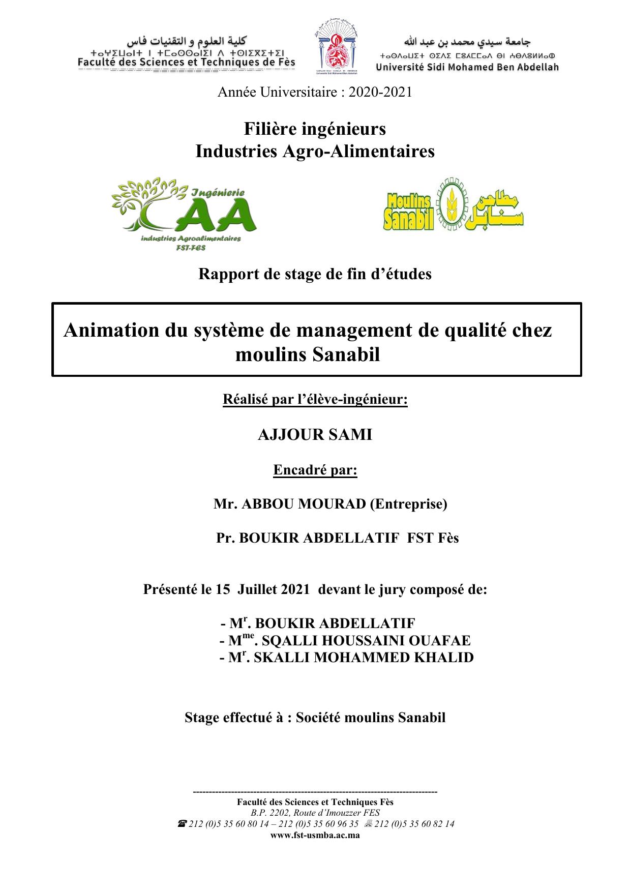 Animation du système de management de qualité chez moulins Sanabil