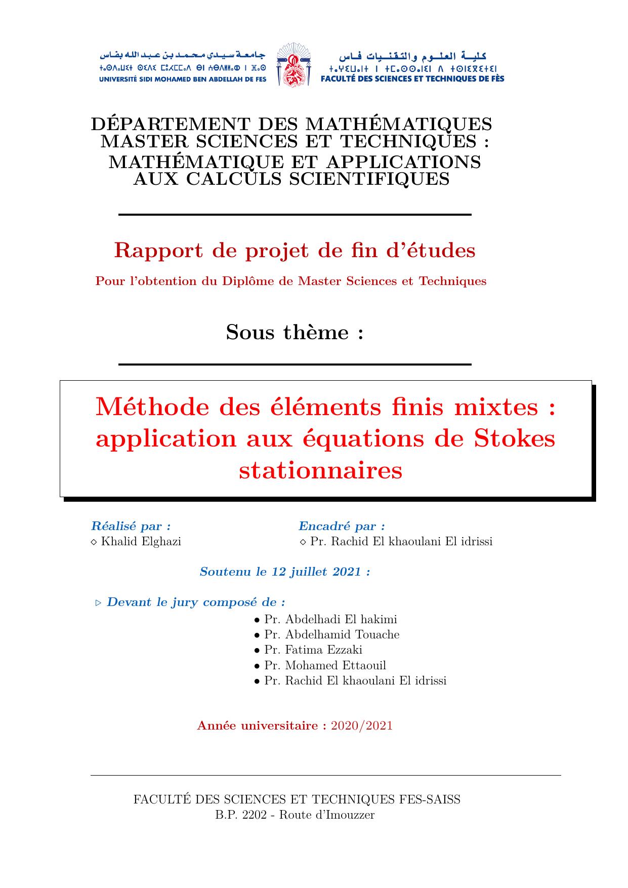 Méthode des éléments finis mixtes : application aux équations de Stokes stationnaires