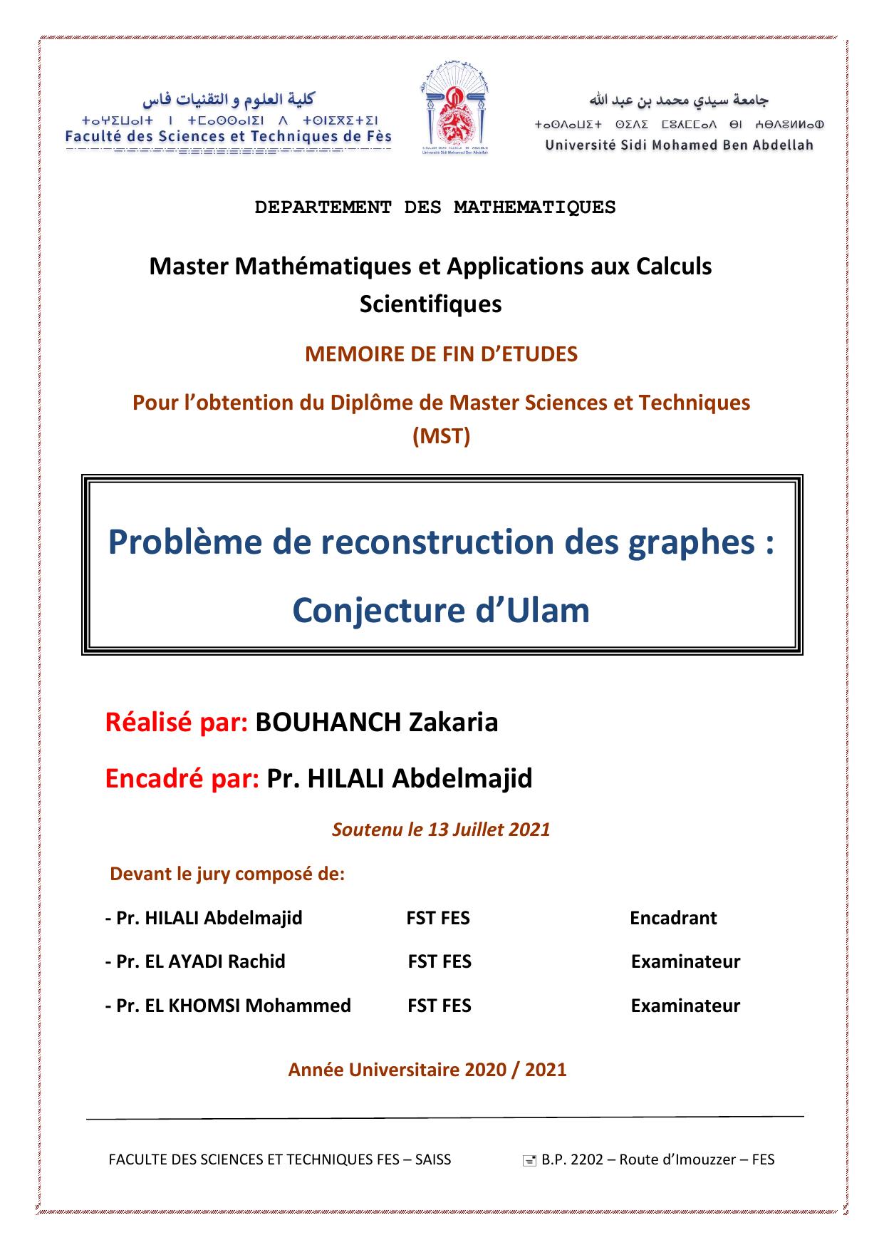 Problème de reconstruction des graphes : Conjecture d’Ulam