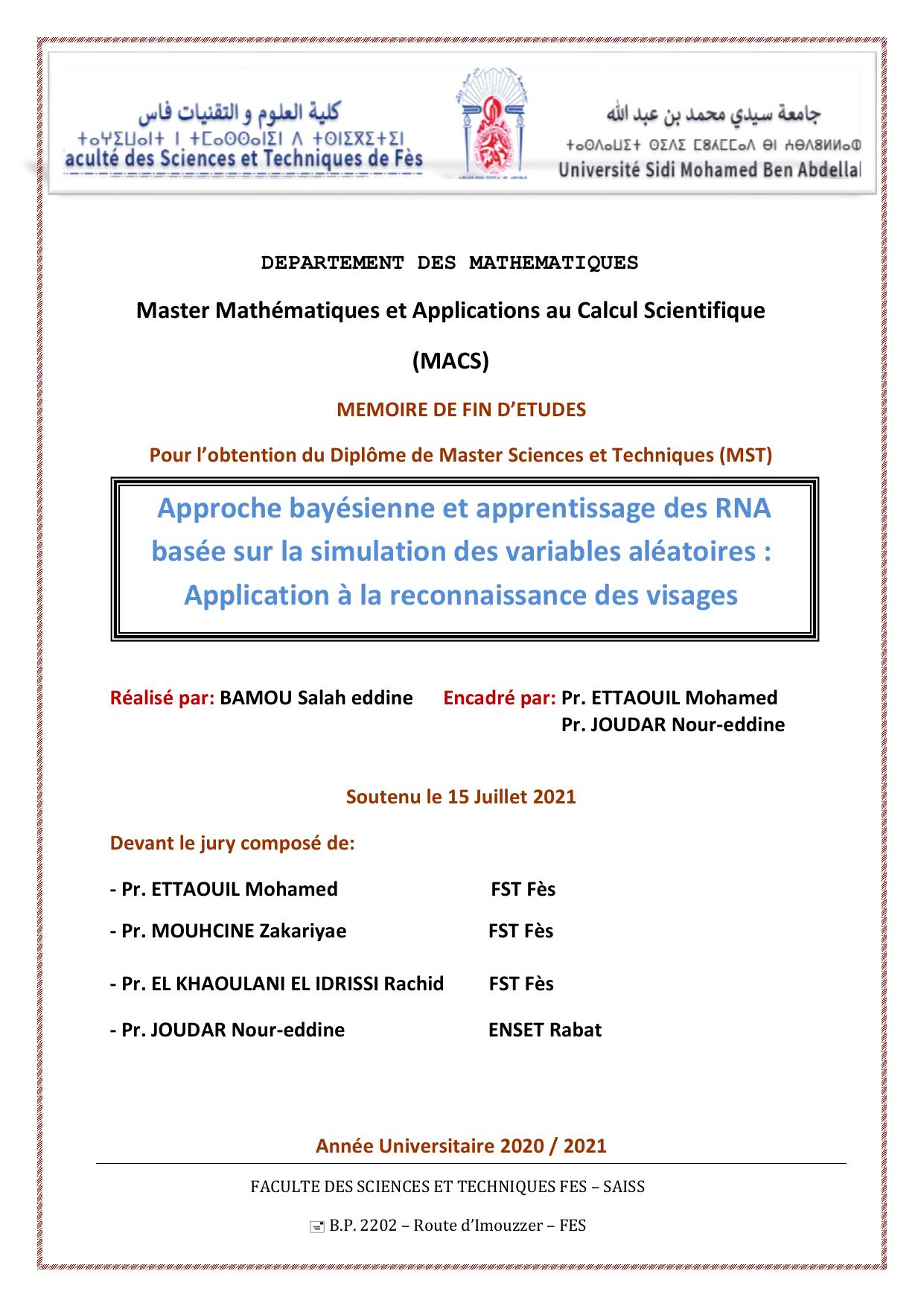 Approche bayésienne et apprentissage des RNA basée sur la simulation des variables aléatoires : Application à la reconnaissance des visages