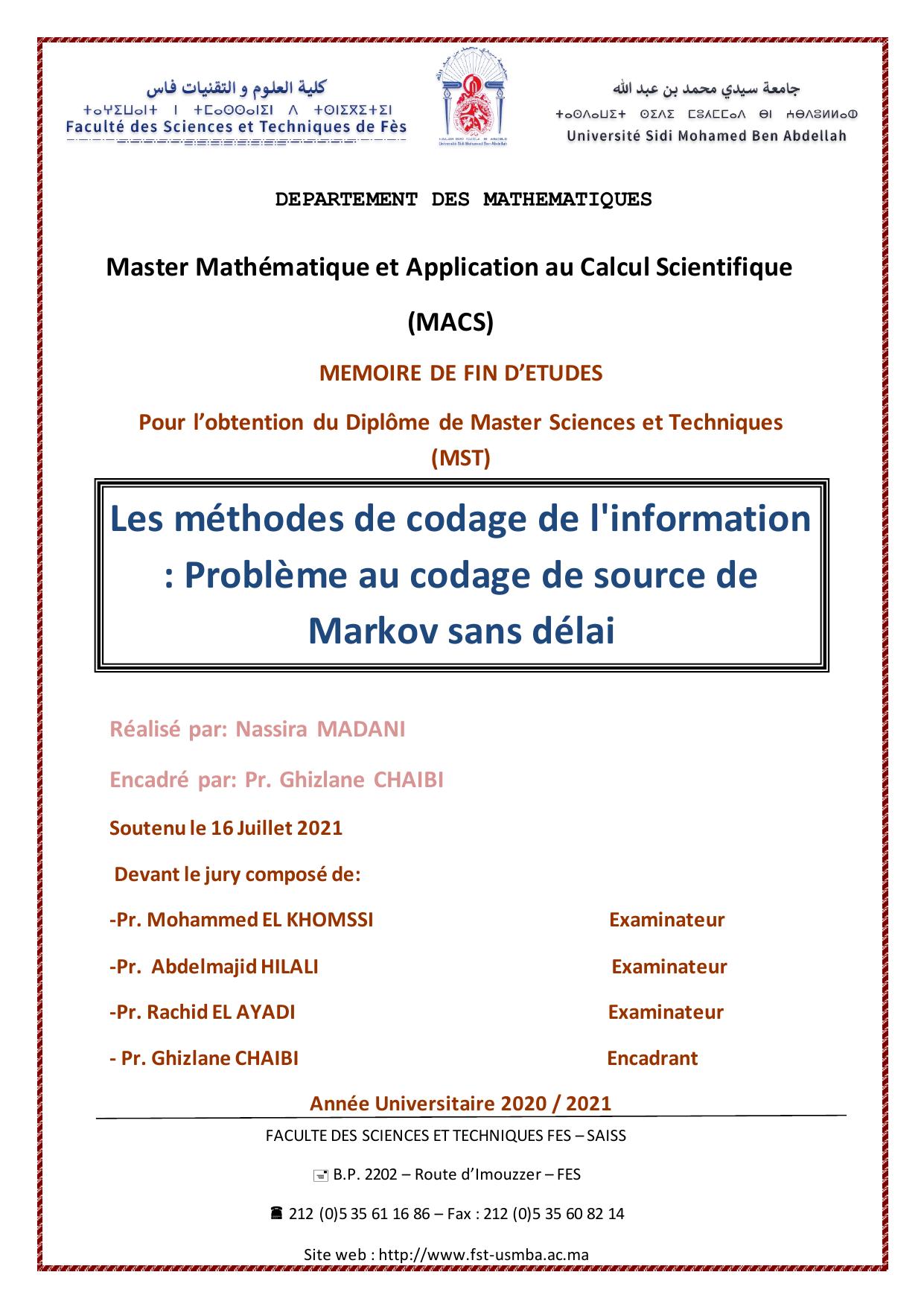 Les méthodes de codage de l'information : Problème au codage de source de Markov sans délai