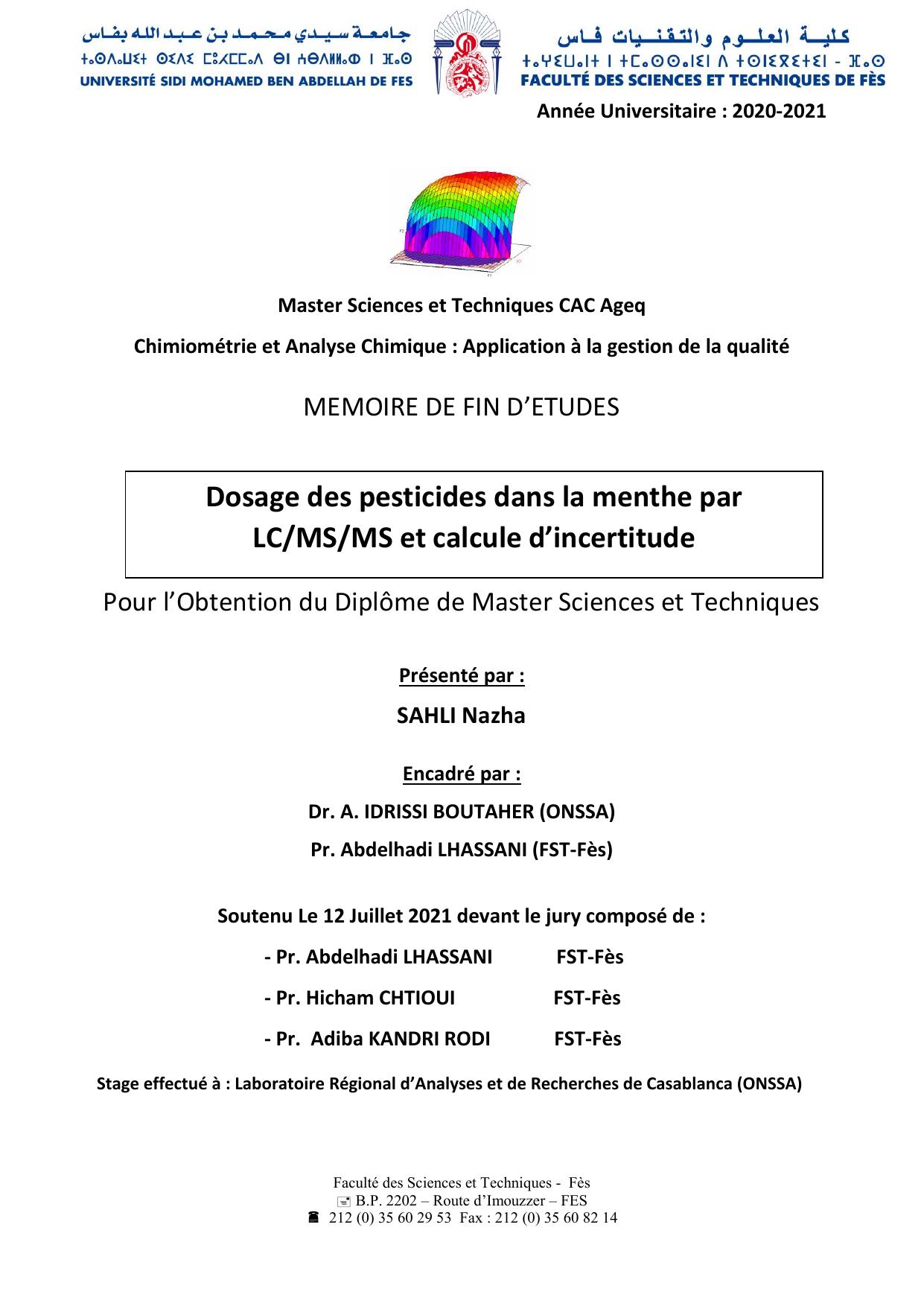 Dosage des pesticides dans la menthe par LC/MS/MS et calcule d’incertitude