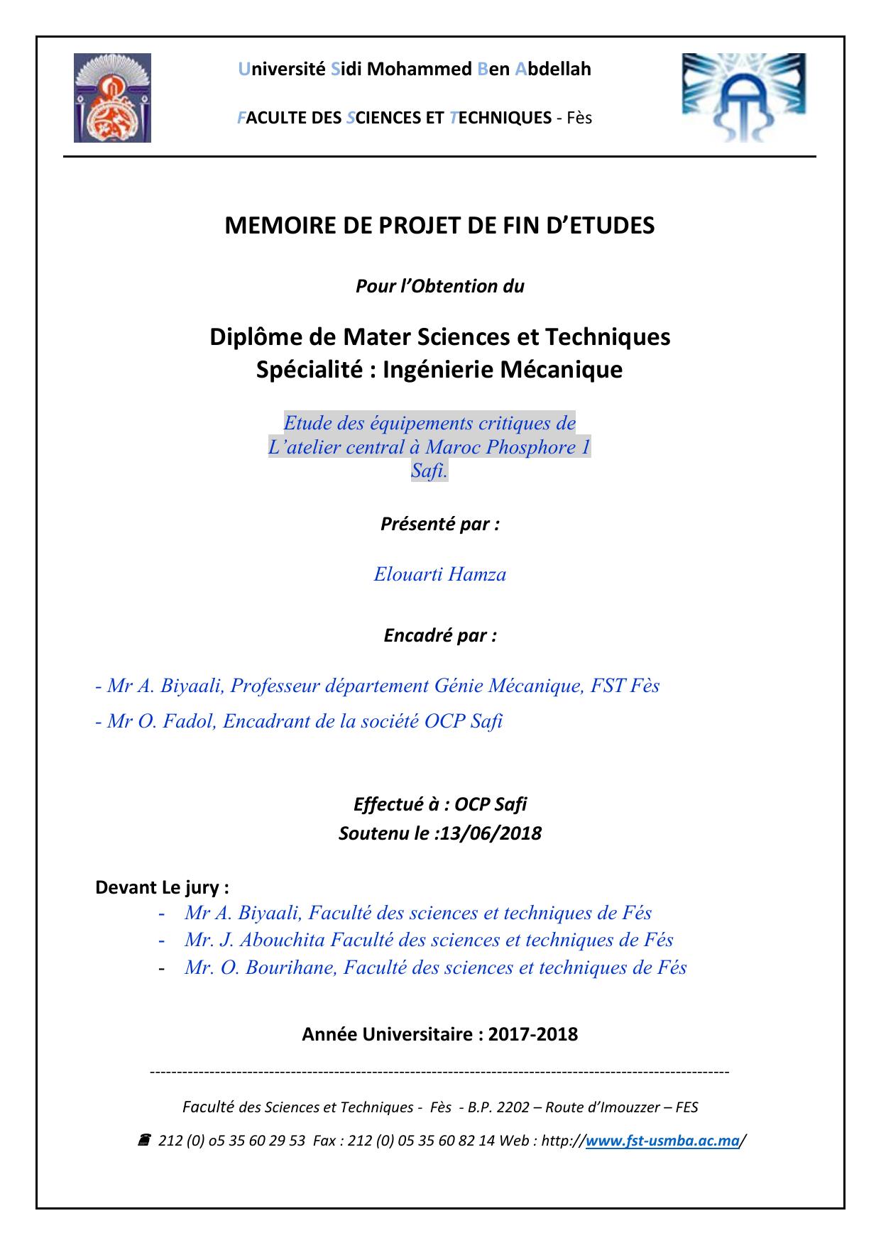 Etude des équipements critiques de L’atelier central à Maroc Phosphore 1 Safi