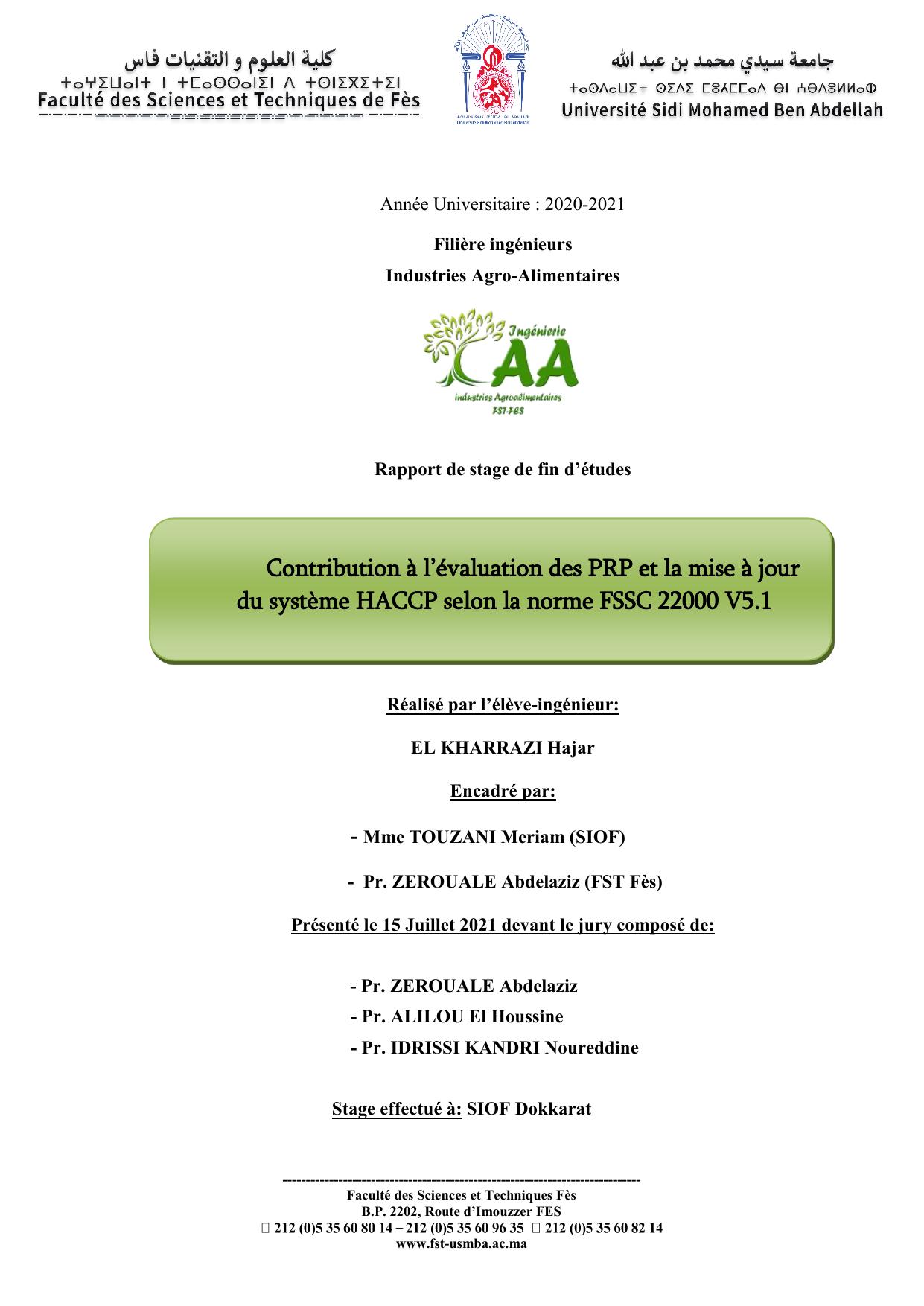 Contribution à l’évaluation des PRP et la mise à jour du système HACCP selon la norme FSSC 22000 V5.1