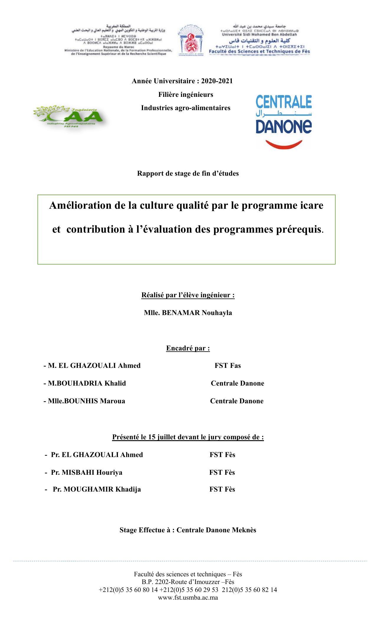 Amélioration de la culture qualité par le programme icare et contribution à l’évaluation des programmes prérequis.