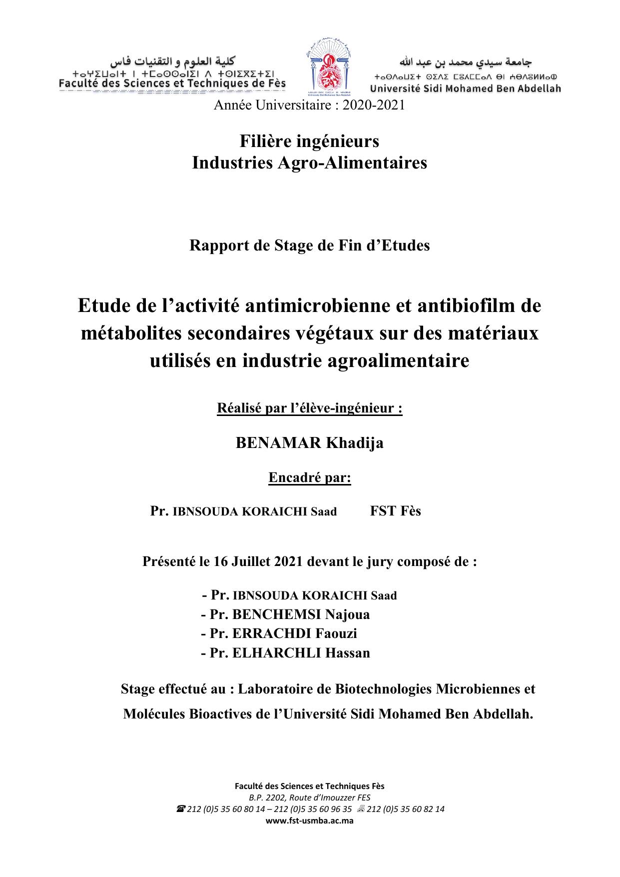 Etude de l’activité antimicrobienne et antibiofilm de métabolites secondaires végétaux sur des matériaux utilisés en industrie agroalimentaire
