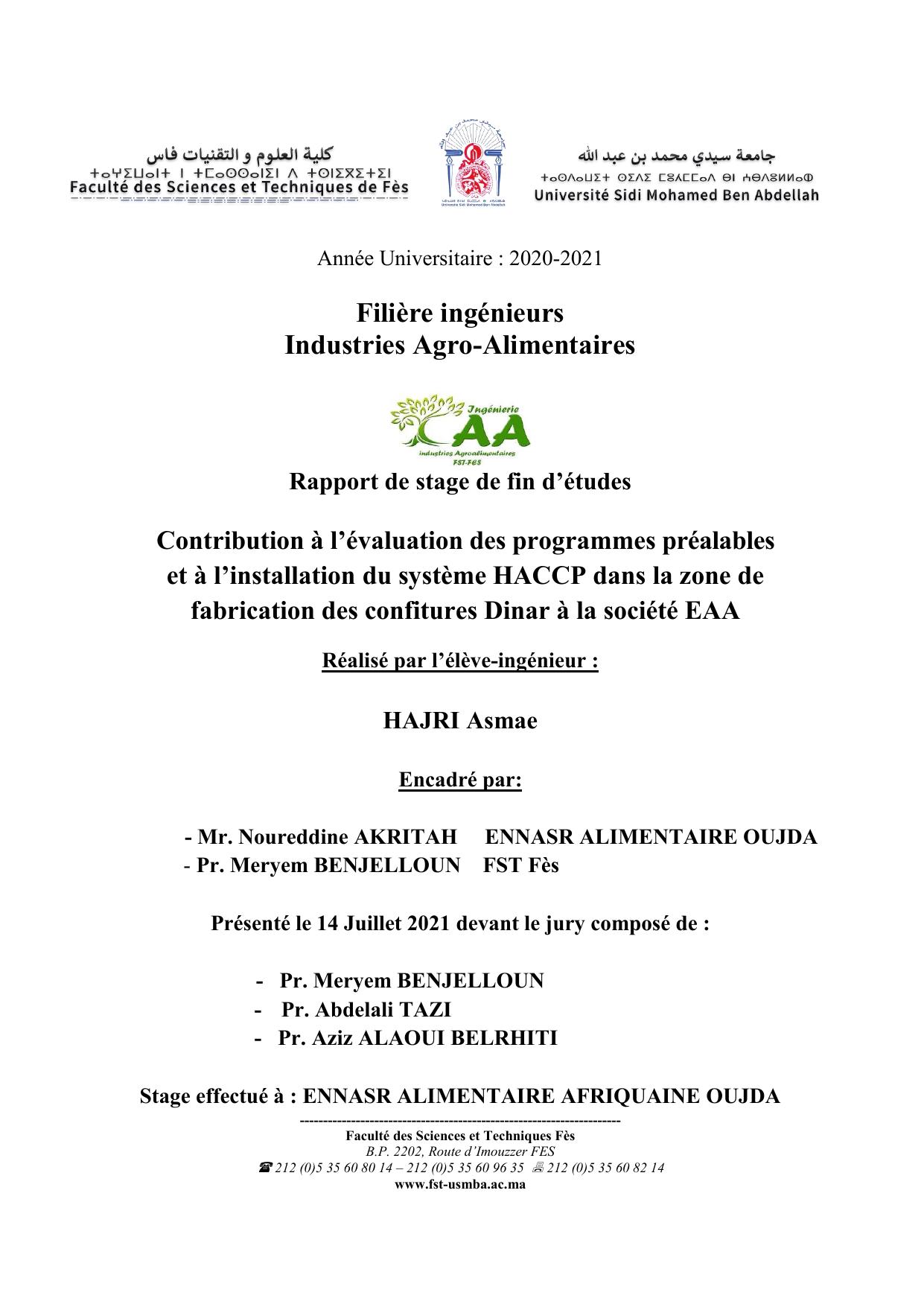 Contribution à l’évaluation des programmes préalables et à l’installation du système HACCP dans la zone de fabrication des confitures Dinar à la société EAA