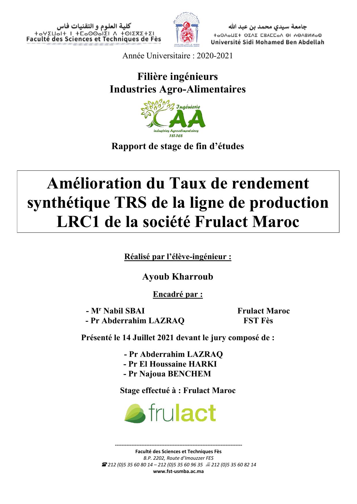 Amélioration du Taux de rendement synthétique TRS de la ligne de production LRC1 de la société Frulact Maroc