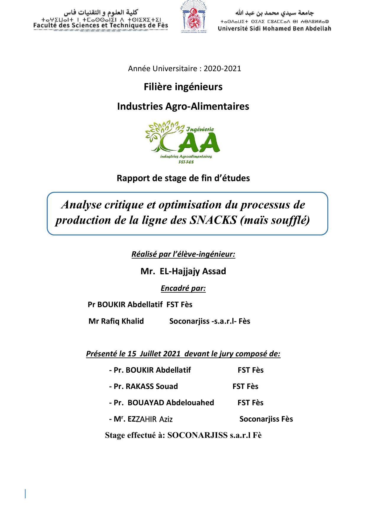 Analyse critique et optimisation du processus de production de la ligne des SNACKS (maïs soufflé)