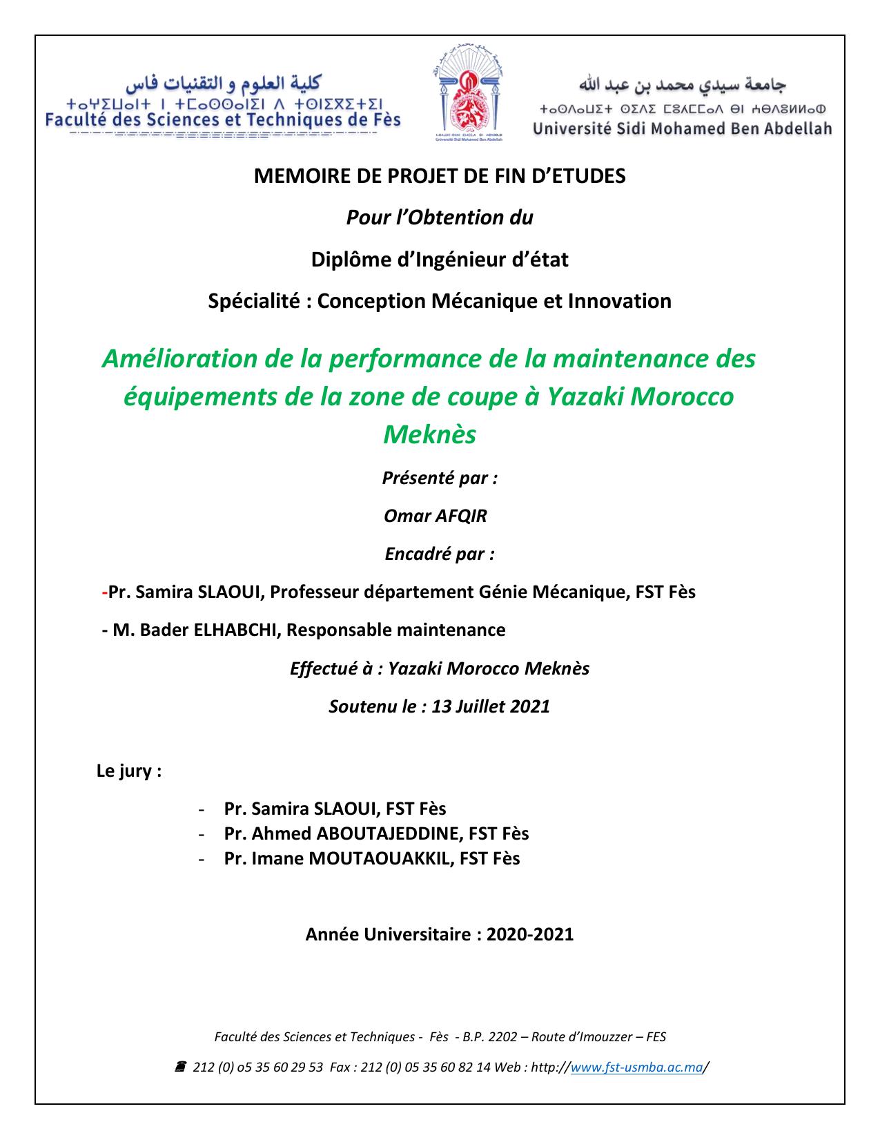 Amélioration de la performance de la maintenance des équipements de la zone de coupe à Yazaki Morocco Meknès