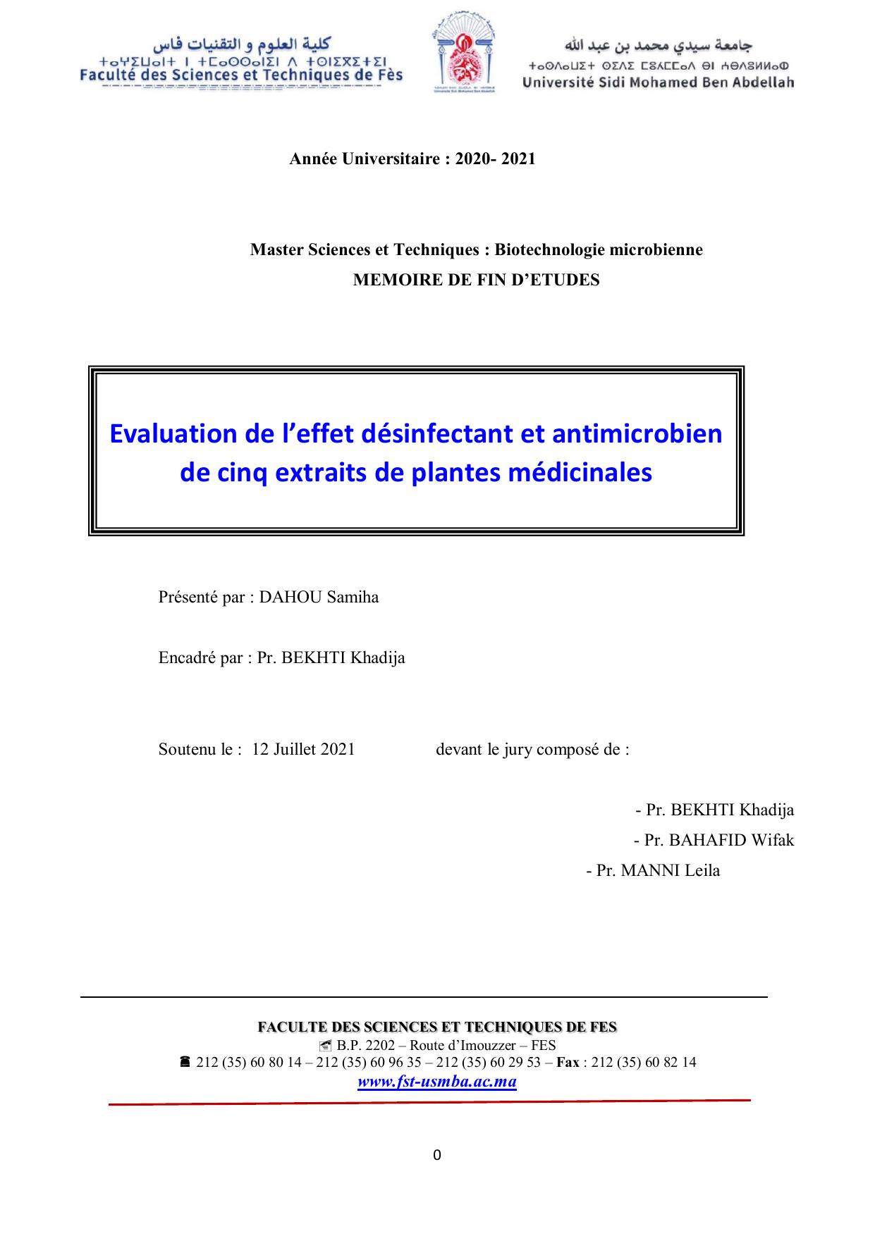 Evaluation de l’effet désinfectant et antimicrobien de cinq extraits de plantes médicinales