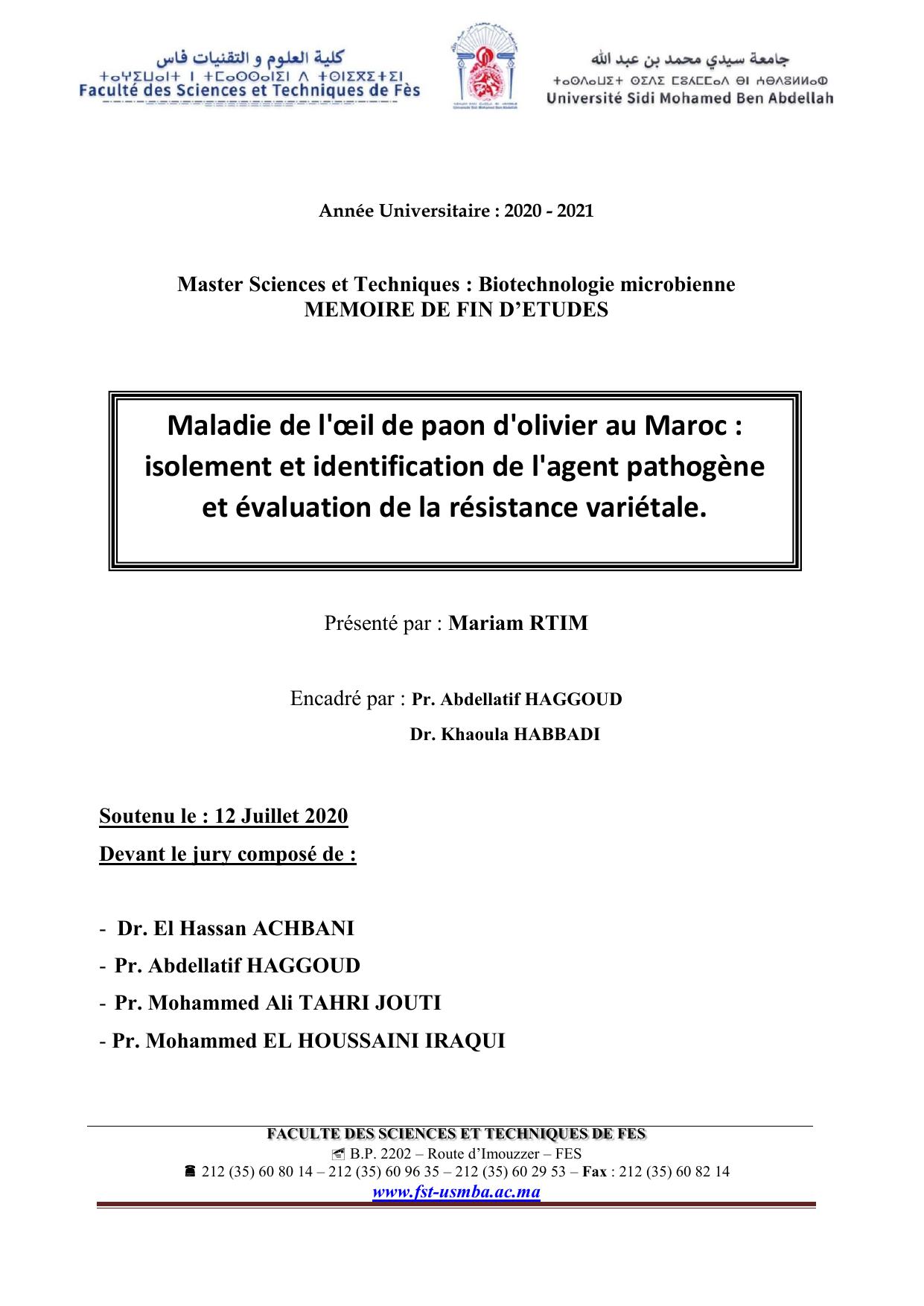 Maladie de l'œil de paon d'olivier au Maroc : isolement et identification de l'agent pathogène et évaluation de la résistance variétale