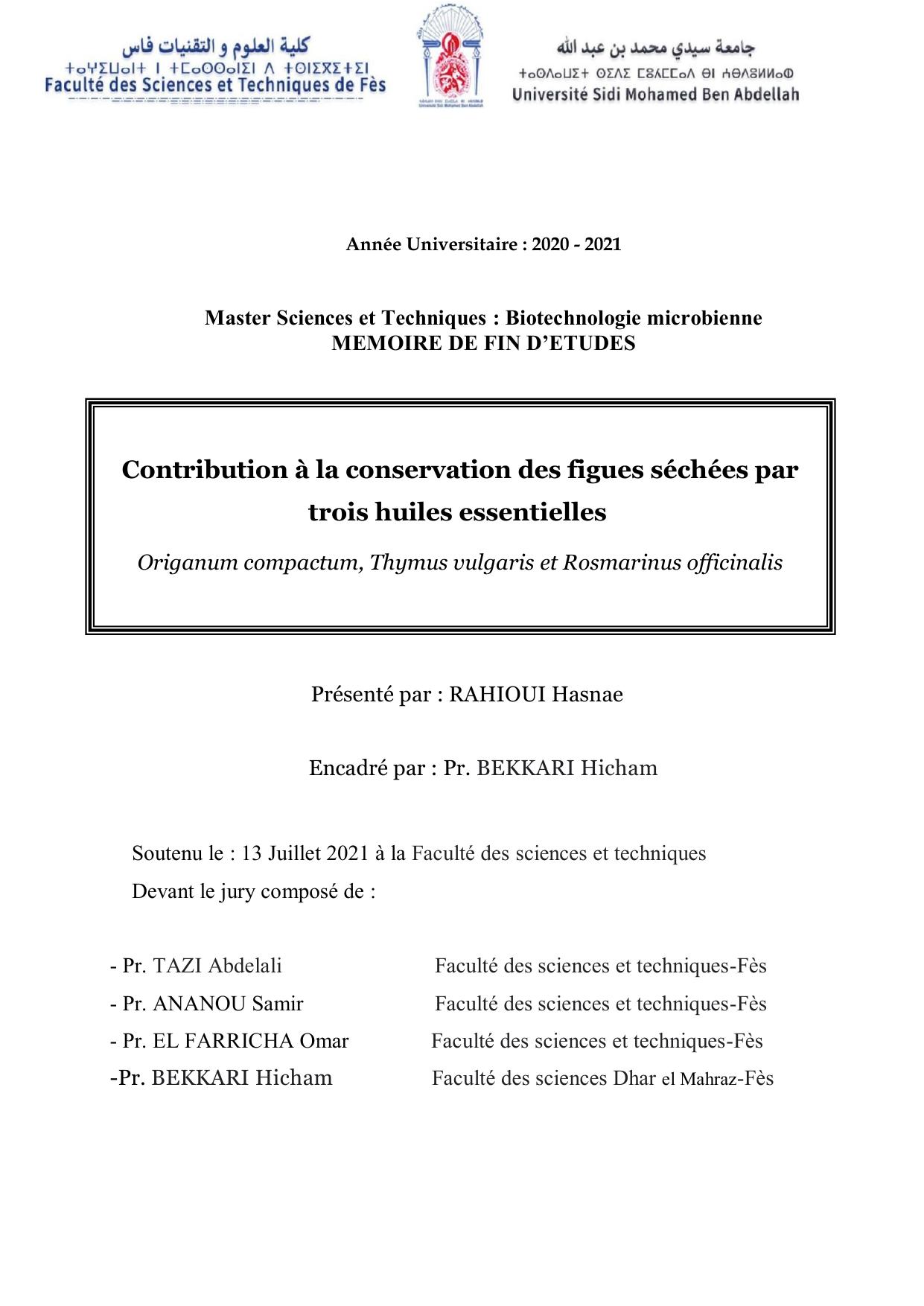 Contribution à la conservation des figues séchées par trois huiles essentielles Origanum compactum, Thymus vulgaris et Rosmarinus officinalis