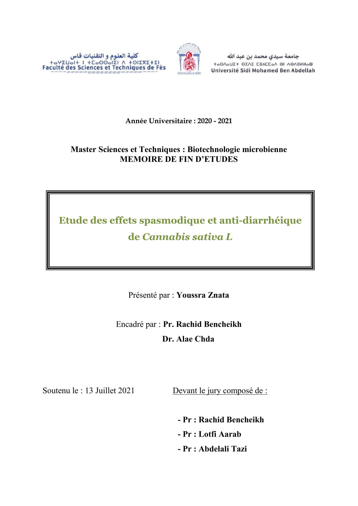 Etude des effets spasmodique et anti-diarrhéique de Cannabis sativa L