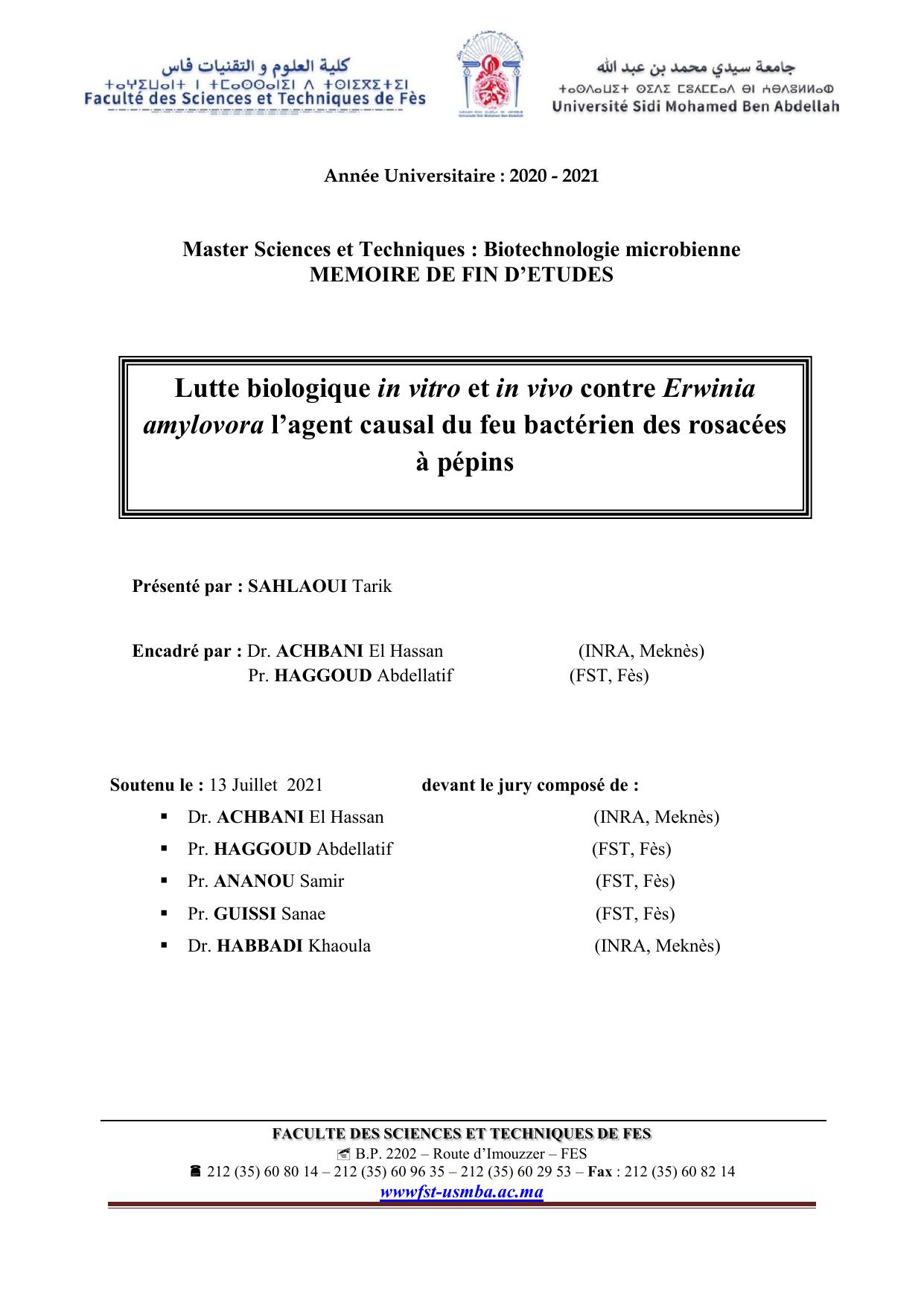 Lutte biologique in vitro et in vivo contre Erwinia amylovora l’agent causal du feu bactérien des rosacées à pépins