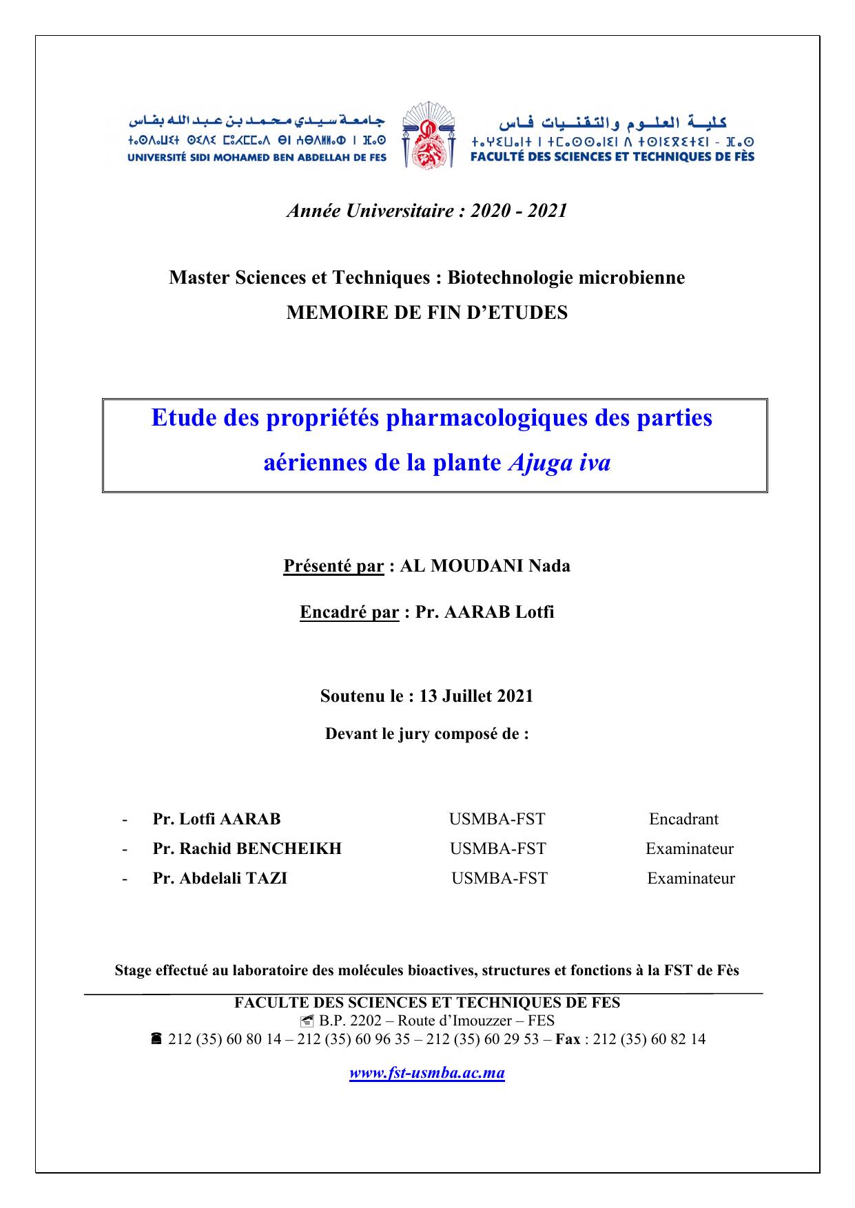 Etude des propriétés pharmacologiques des parties aériennes de la plante Ajuga iva