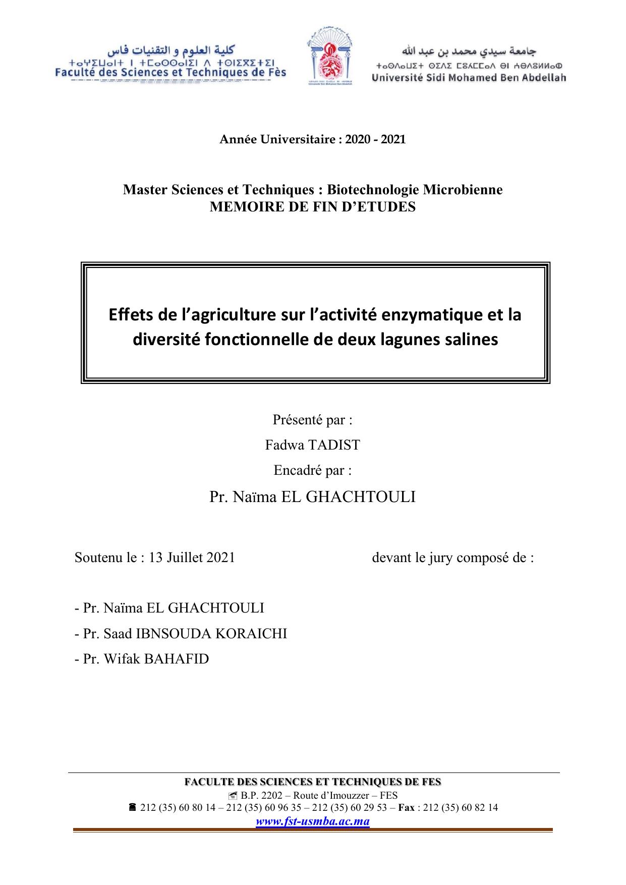 Effets de l’agriculture sur l’activité enzymatique et la diversité fonctionnelle de deux lagunes salines