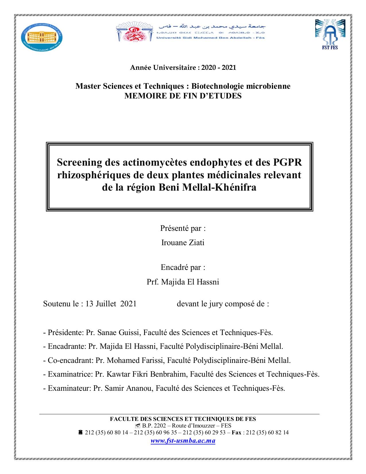 Screening des actinomycètes endophytes et des PGPR rhizosphériques de deux plantes médicinales relevant de la région Beni Mellal-Khénifra