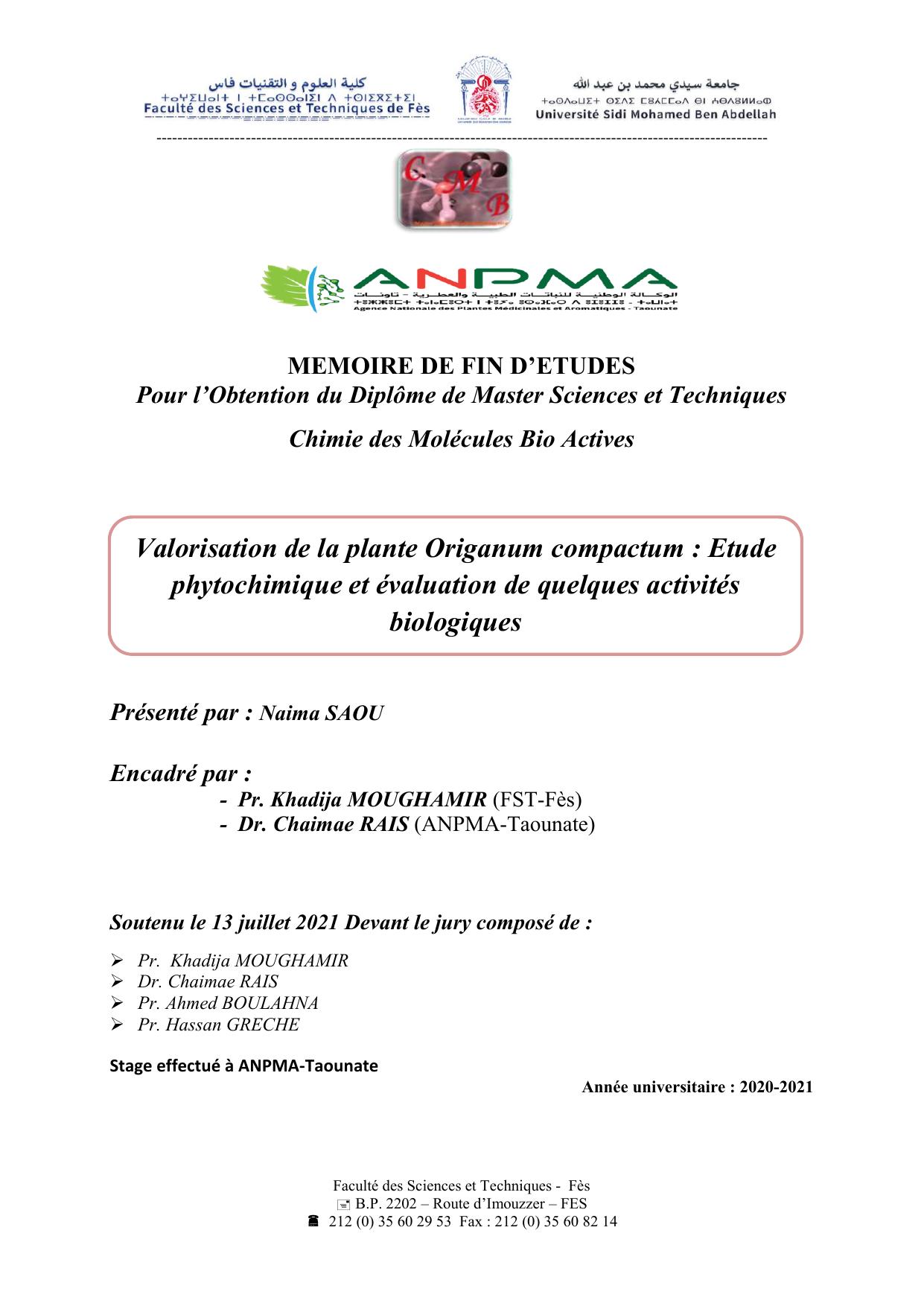 Valorisation de la plante Origanum compactum : Etude phytochimique et évaluation de quelques activités biologiques