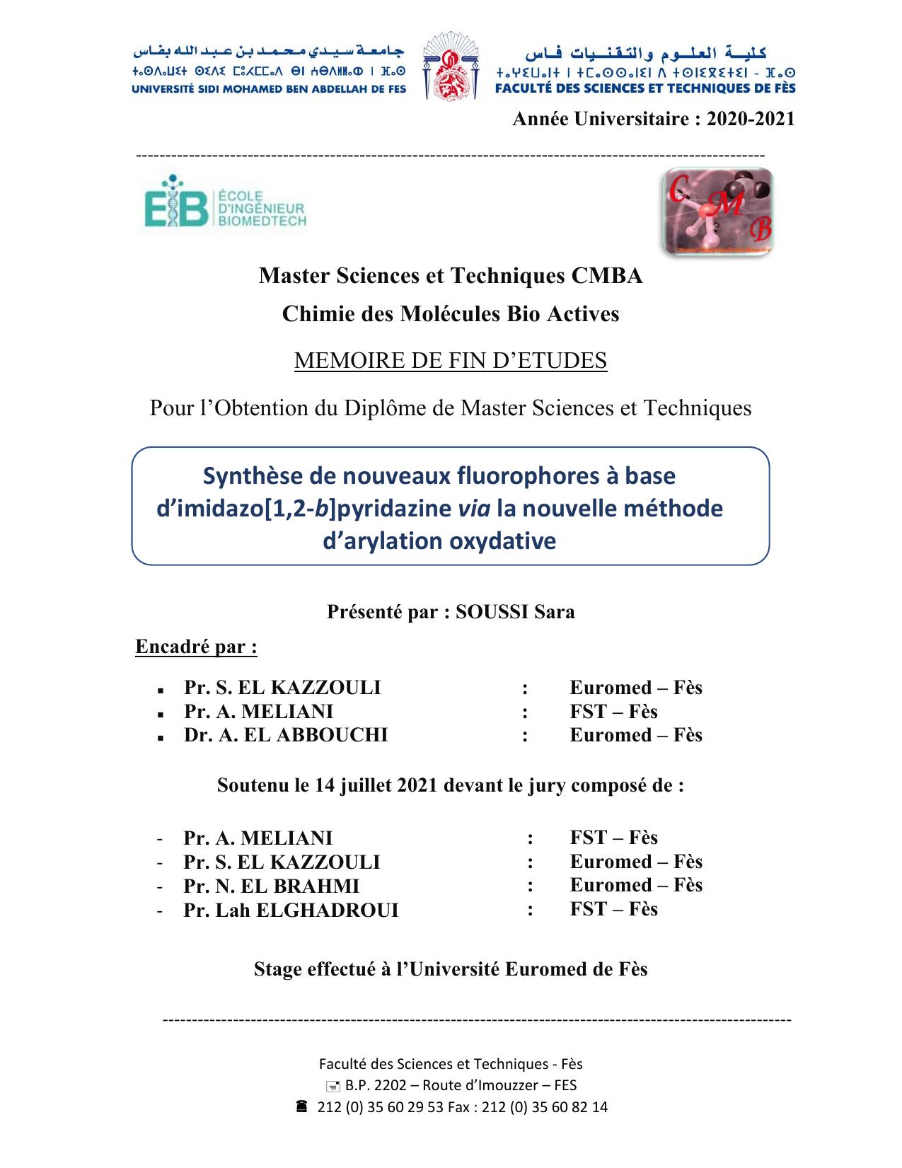 Synthèse de nouveaux fluorophores à base d’imidazo[1,2-b]pyridazine via la nouvelle méthode d’arylation oxydative