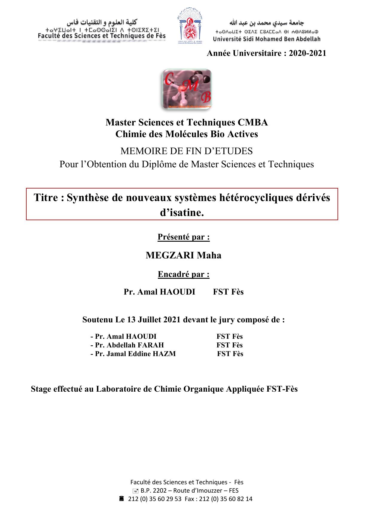 Synthèse de nouveaux systèmes hétérocycliques dérivés d’isatine