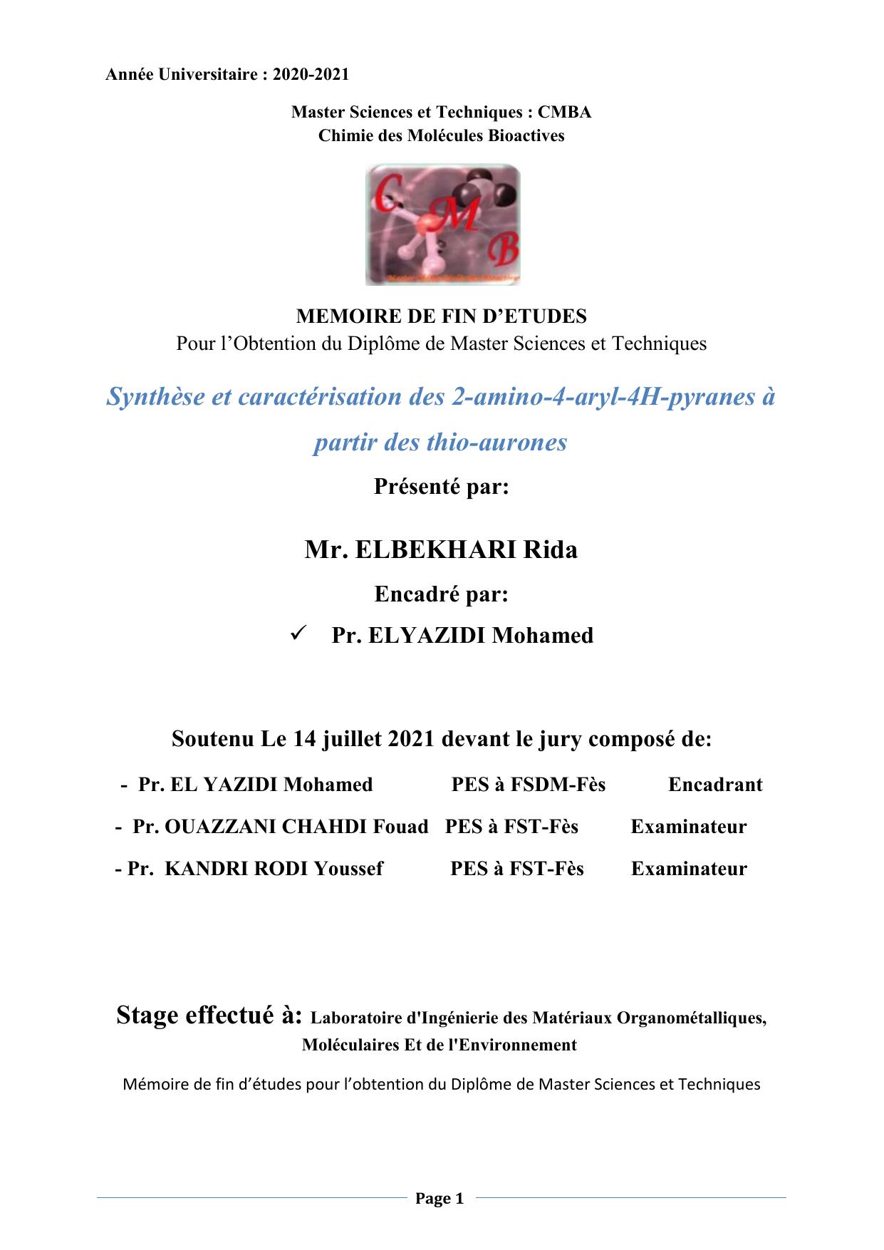 Synthèse et caractérisation des 2-amino-4-aryl-4H-pyranes à partir des thio-aurones