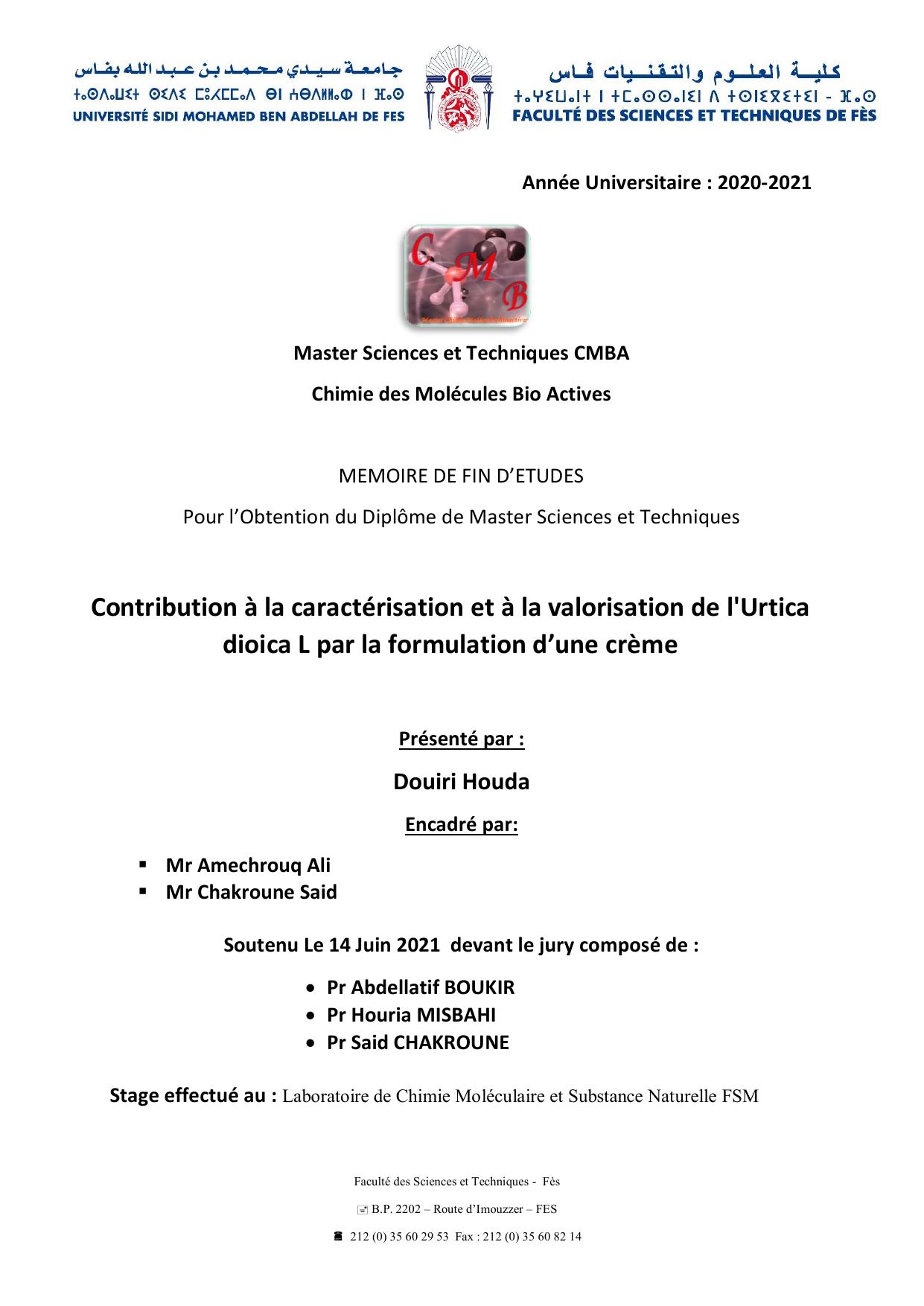 Contribution à la caractérisation et à la valorisation de l'Urtica dioica L par la formulation d’une crème