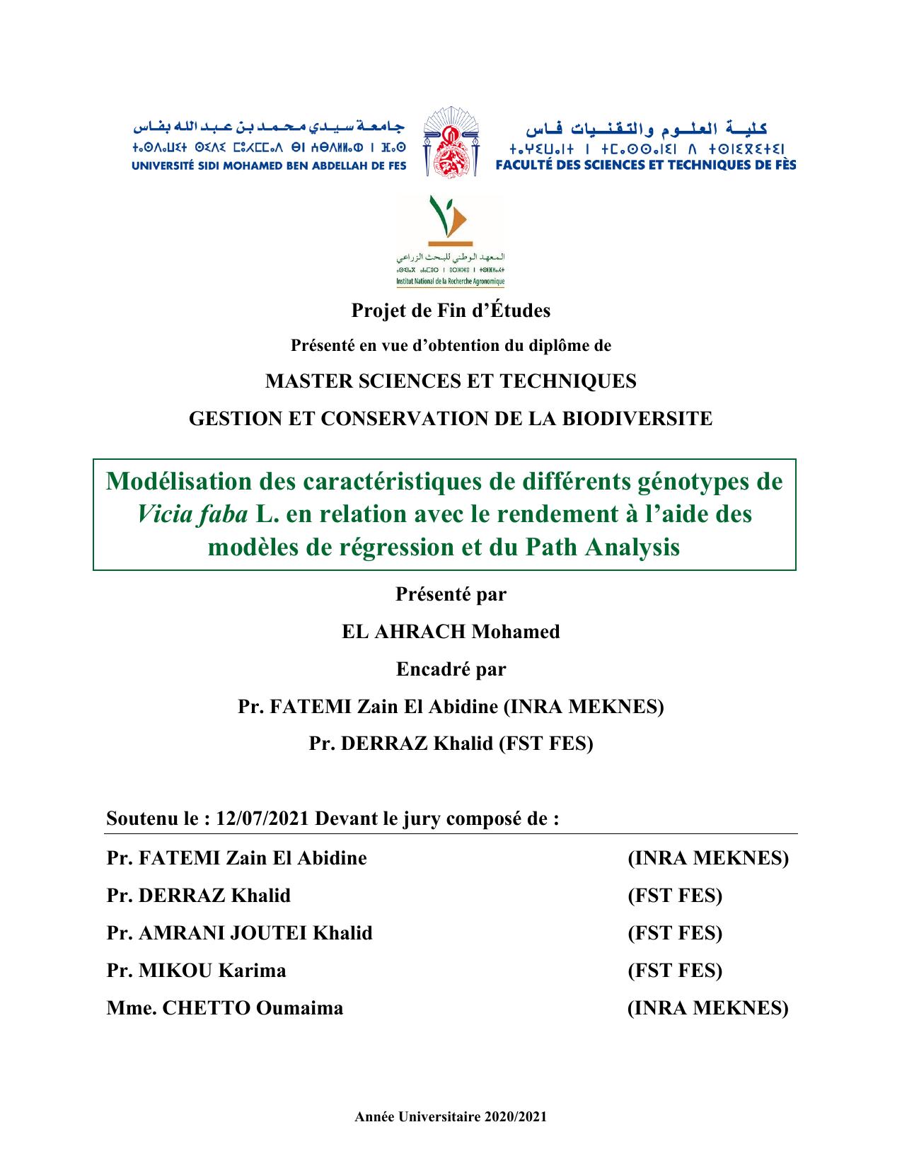 Modélisation des caractéristiques de différents génotypes de Vicia faba L. en relation avec le rendement à l’aide des modèles de régression et du Path Analysis